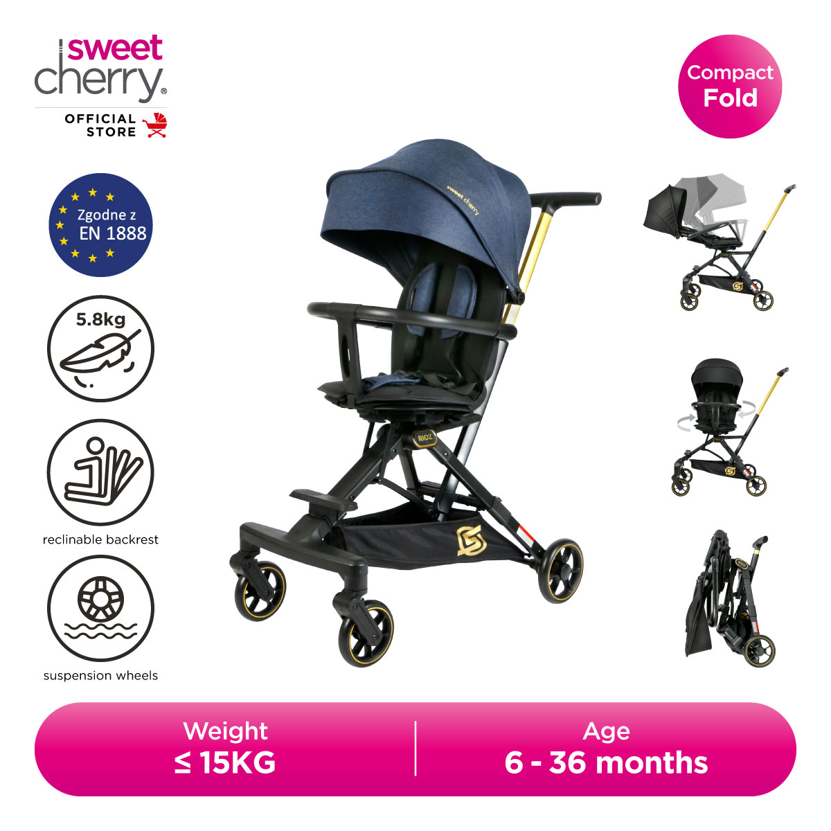 Sweet Cherry Z1 Rioz Magic Stroller with EN Standard Two-way Facing by 360° Rotating Seat with Easy Hand