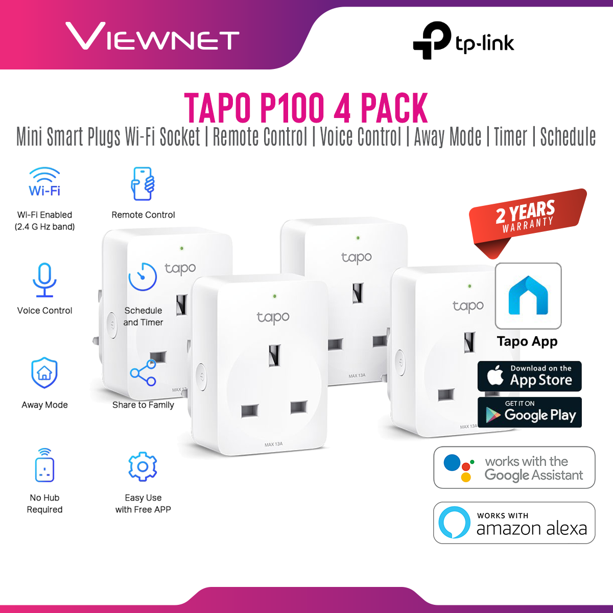 TP-Link Tapo P100 Mini Smart Home WiFi Wireless Power Socket Plug Remote Control, Schedule Auto On/Off, Support Google Assistant, Alexa