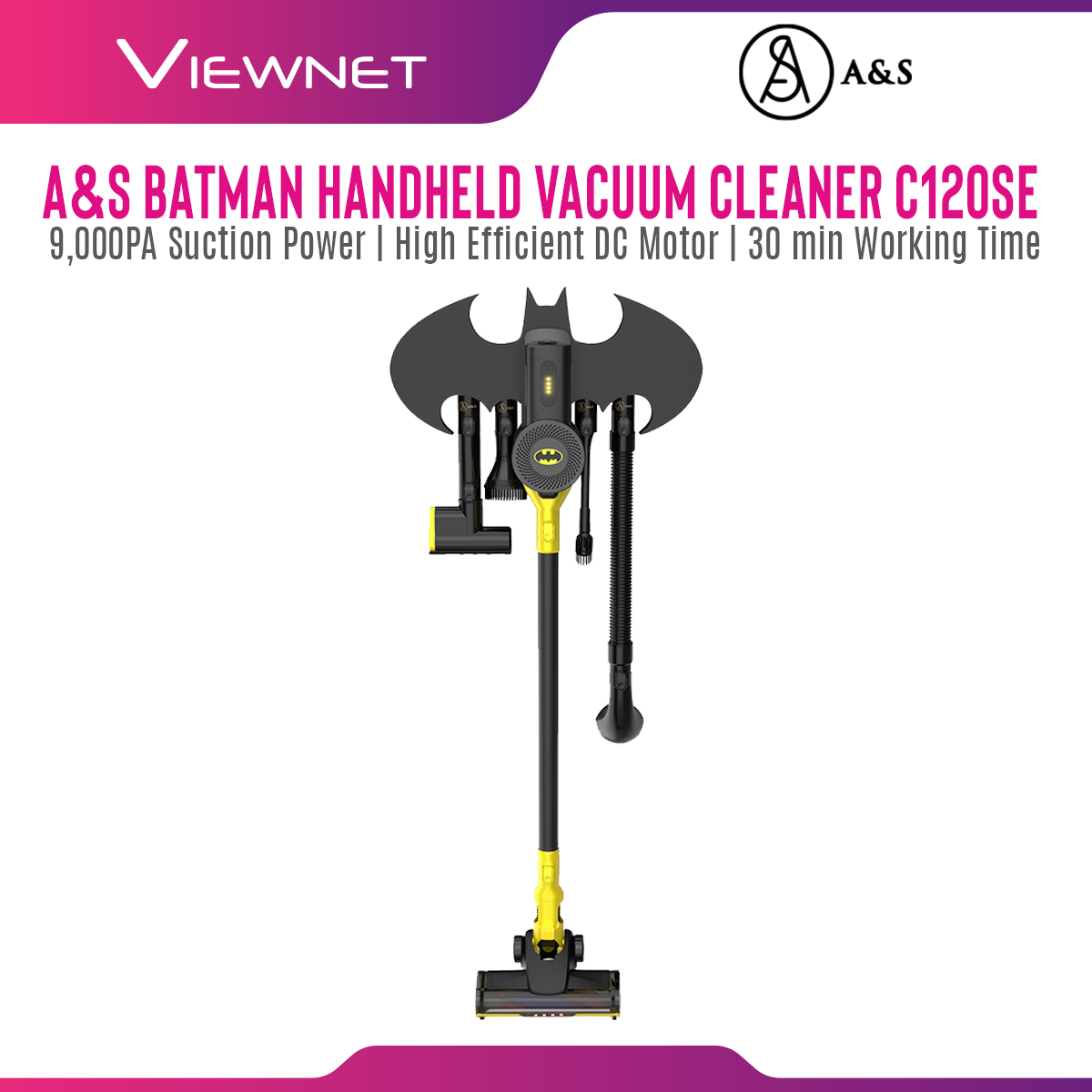A&S C120SE Batman Edition Handheld Vacuum Cleaner with 9,000PA Suction Power, High Efficient DC Motor, 30 Min Working Time, HEPA Filter