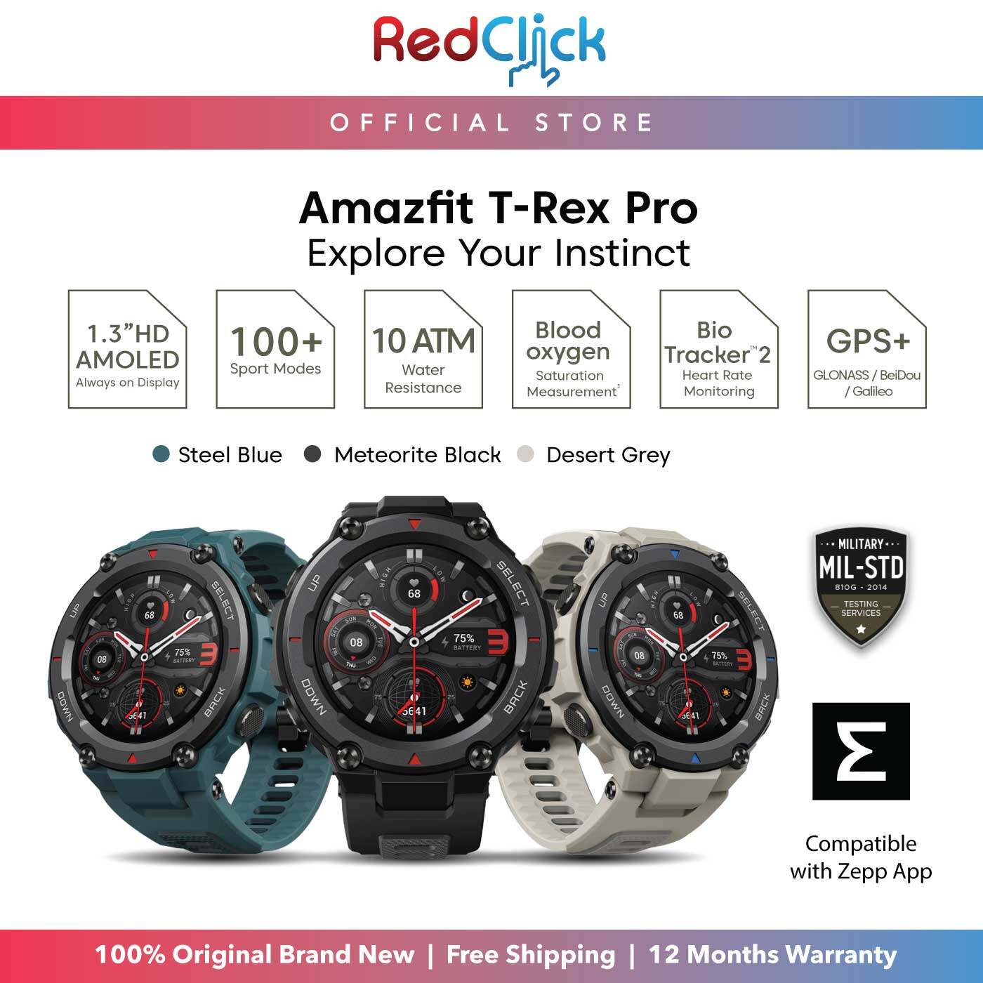 (Official Amazfit) Amazfit T-Rex Pro 1.3" HD AMOLED Display 15 Military-grade Toughness 10 ATM Water-resistance Blood-oxygen Saturation Measurement Smart Watch + Free Gift
