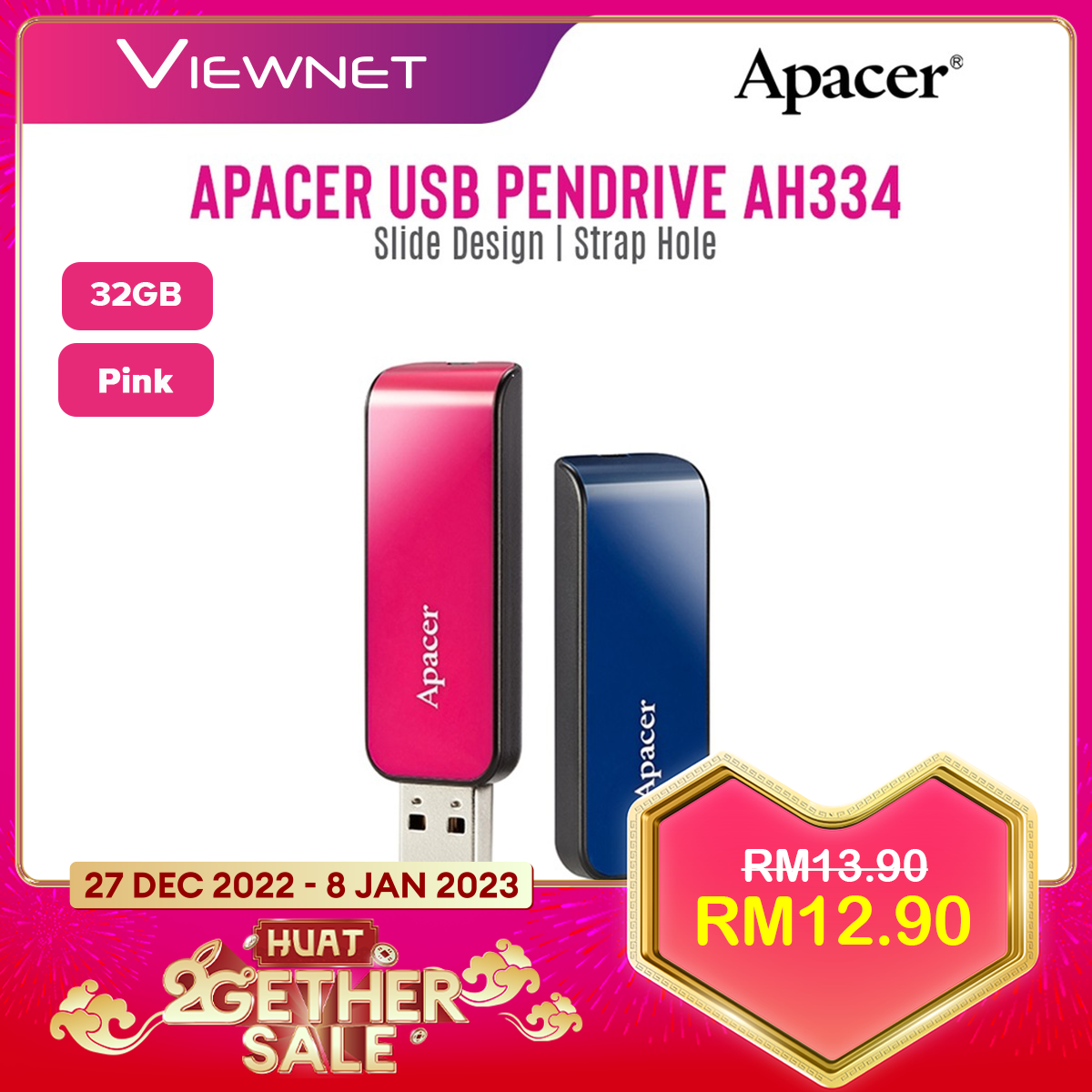Apacer AH334 USB 2.0 Flash Drive 16GB/32GB/64GB Pink/Blue Pendrive Flash Drive