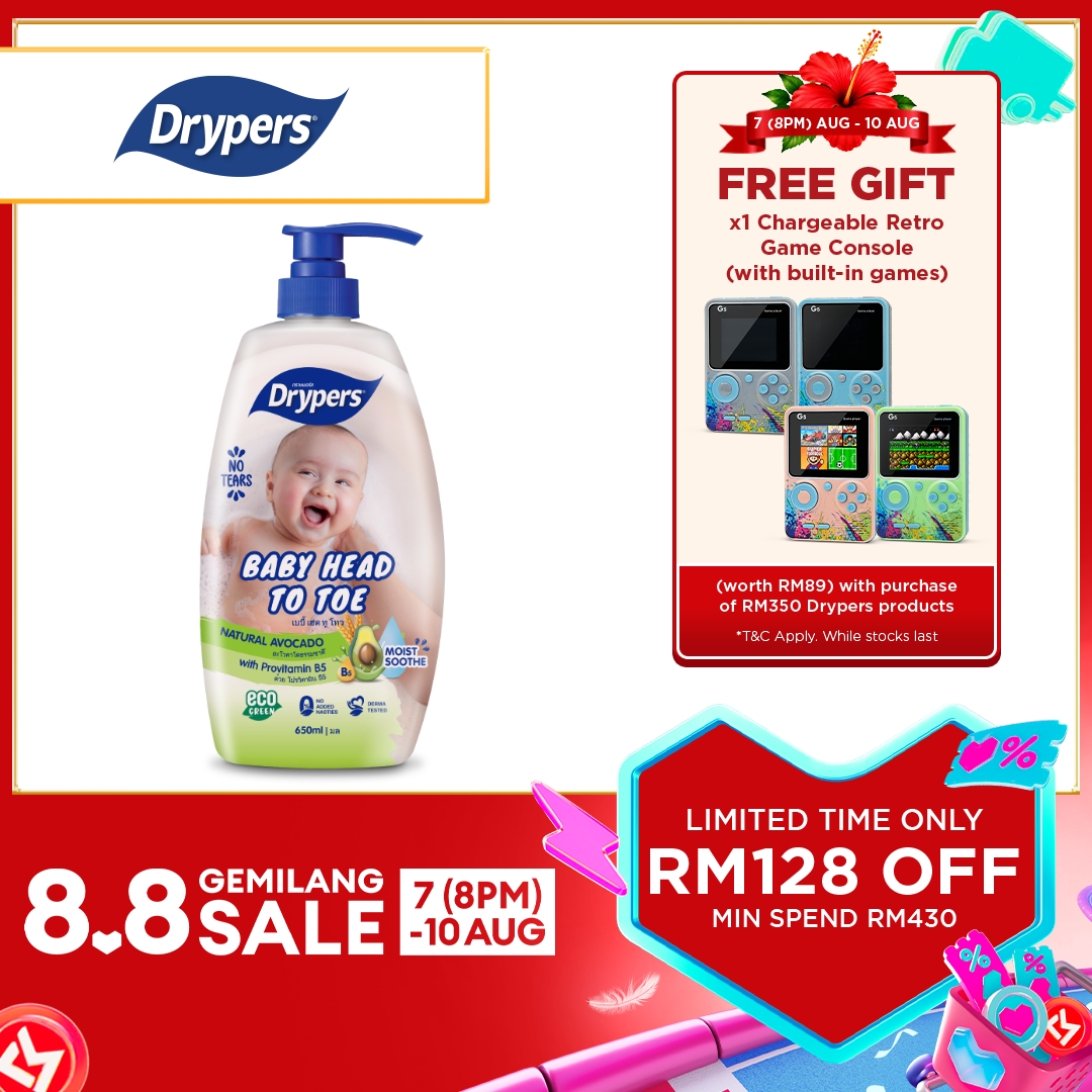 Drypers Baby Head to Toe 650ml - Oat / Fruit / Avocado / Shea Butter / Raspberry / Berry Grape - Tear Free & Baby Friendly Fragrance