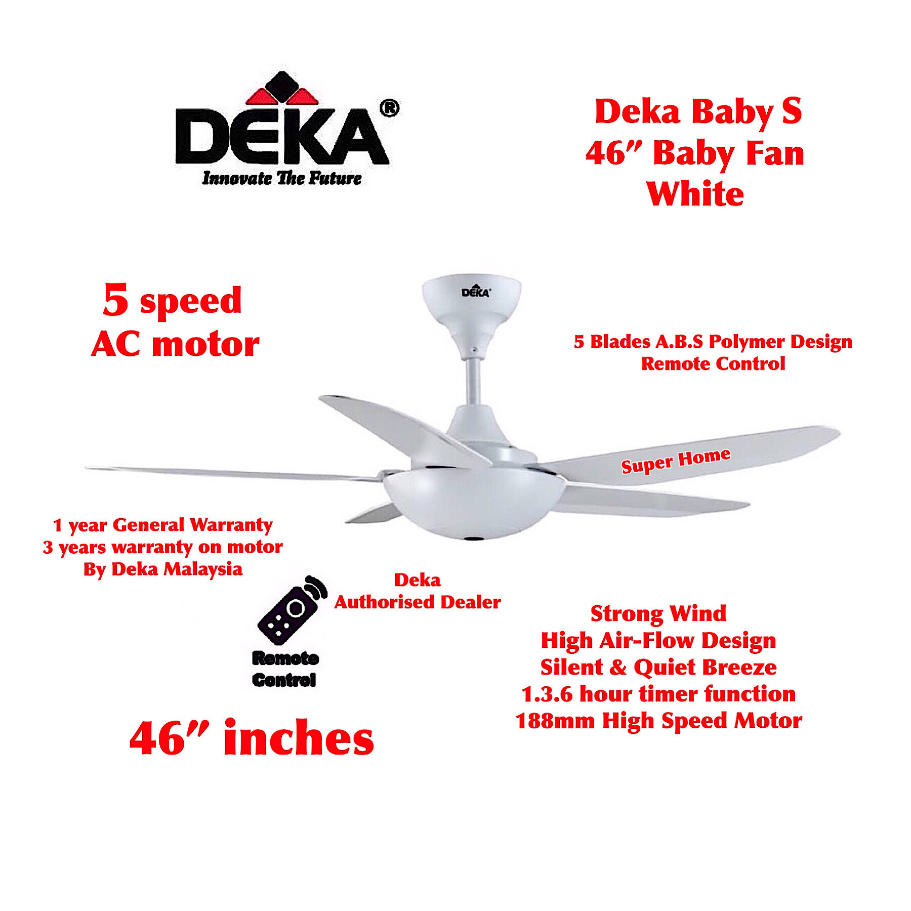 Deka Baby Fan Remote Control 46 inches 5 Blades Baby Ceiling Fan - Baby S - White