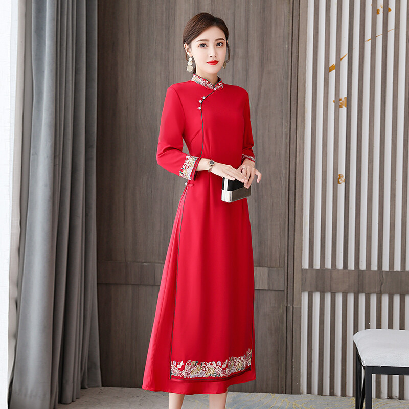 Cổ Điển Phong Cách Trung Quốc Sườn Xám Cách Tân 2021 Phong Cách Quốc Gia Mới Mùa Xuân Xẻ Cao Váy Thêu Trung Quốc