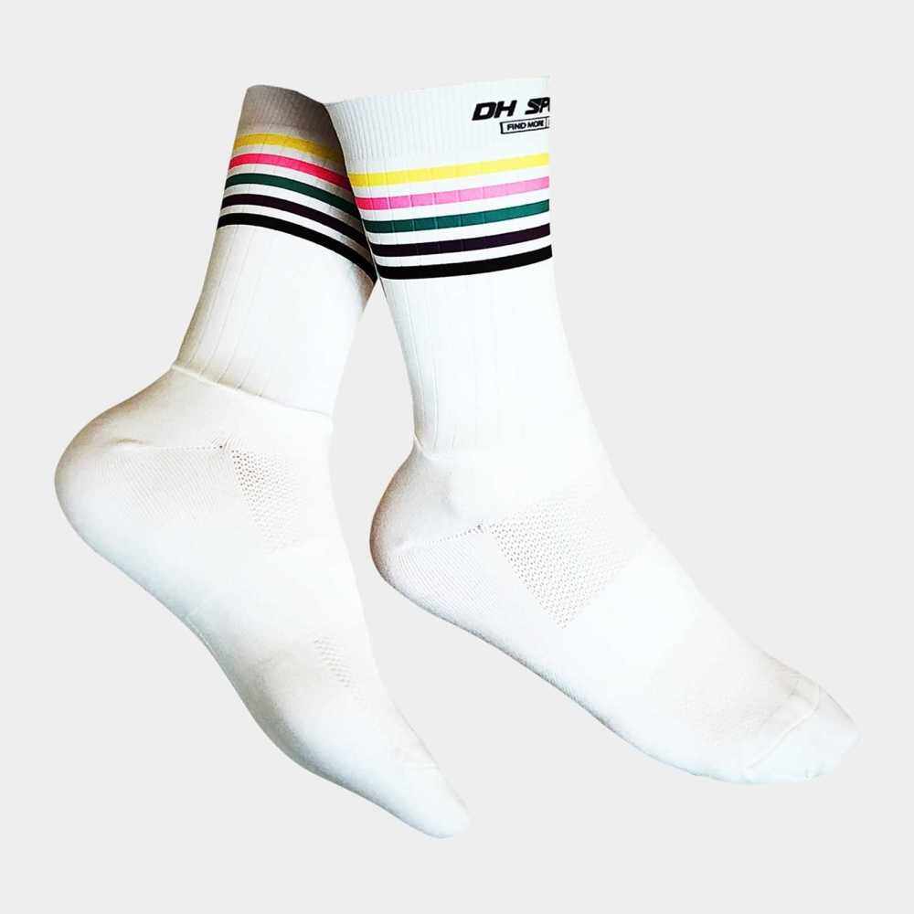 Men Women Bike Socks Splicing Stripes Print Breathable Anti-Slip Stretchy Soft Bicycle Racing Hiking Cycling Stockings (White)