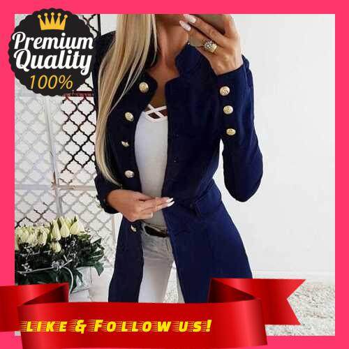 People's Choice Fashion Women Suit Jacket Solid Button Front Long Sleeve OL Work Ladies Casual Slim Coat Outerwear (Blue)