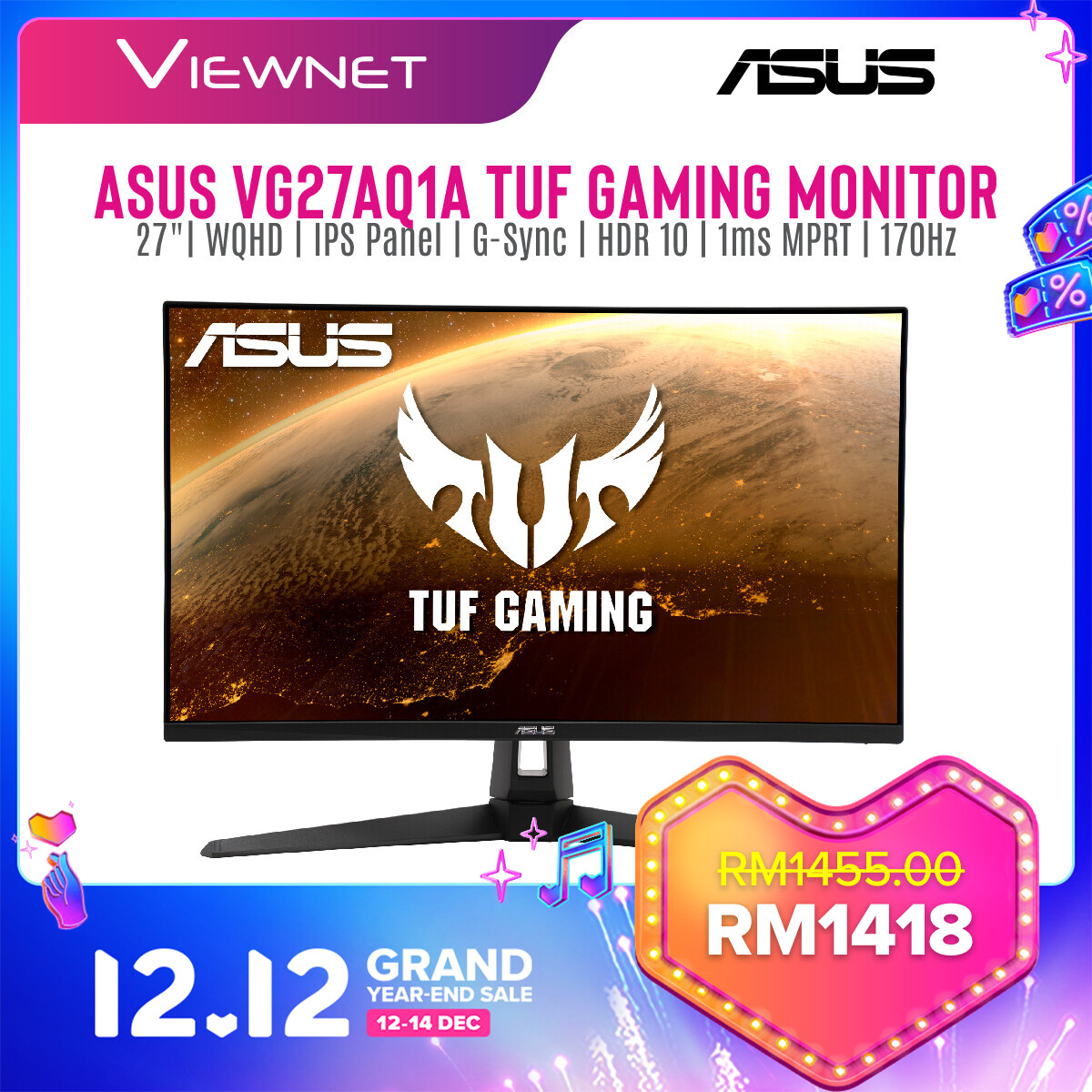 Asus TUF Gaming VG27AQ1A G-SYNC Compatible Gaming Monitor – 27 inch WQHD (2560 x 1440), IPS, 170Hz (Above 144Hz), 1ms MPRT, Extreme Low Motion Blur, G-SYNC Compatible, HDR 10 Asus TUF Gaming VG27AQ1A G-SYNC Compatible Gaming Monitor – 27 inch WQHD (2560 x 1440), IPS, 170Hz (Above 144Hz), 1ms MPRT, Extreme Low Motion Blur, G-SYNC Compatible, HDR 10