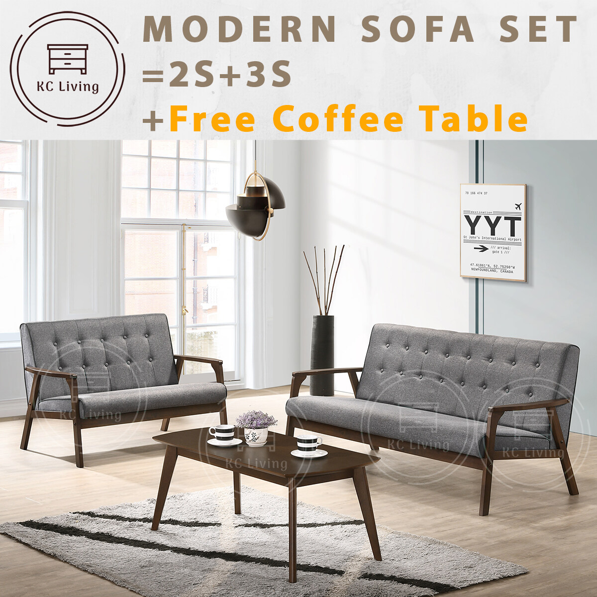 [KCL] Modern Sofa Set / 2 Seater & 3 Seater & Free Coffee Table / Solid Rubber Wood / Grey Fabric