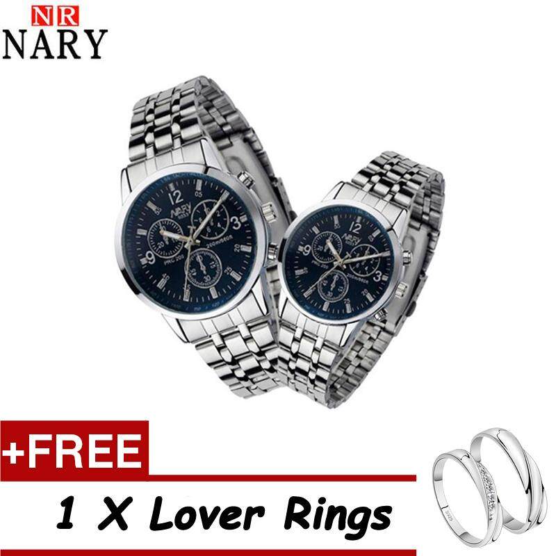 【Buy 1 Take 1】 2Pcs/Set Nary 6033 Fashion Causal Couples Lover Watch Waterproof Luminous Stainless Steel Luxury Wristwatch Original Quartz Watches For Men And Women + Free Adjustable Lovers Rings