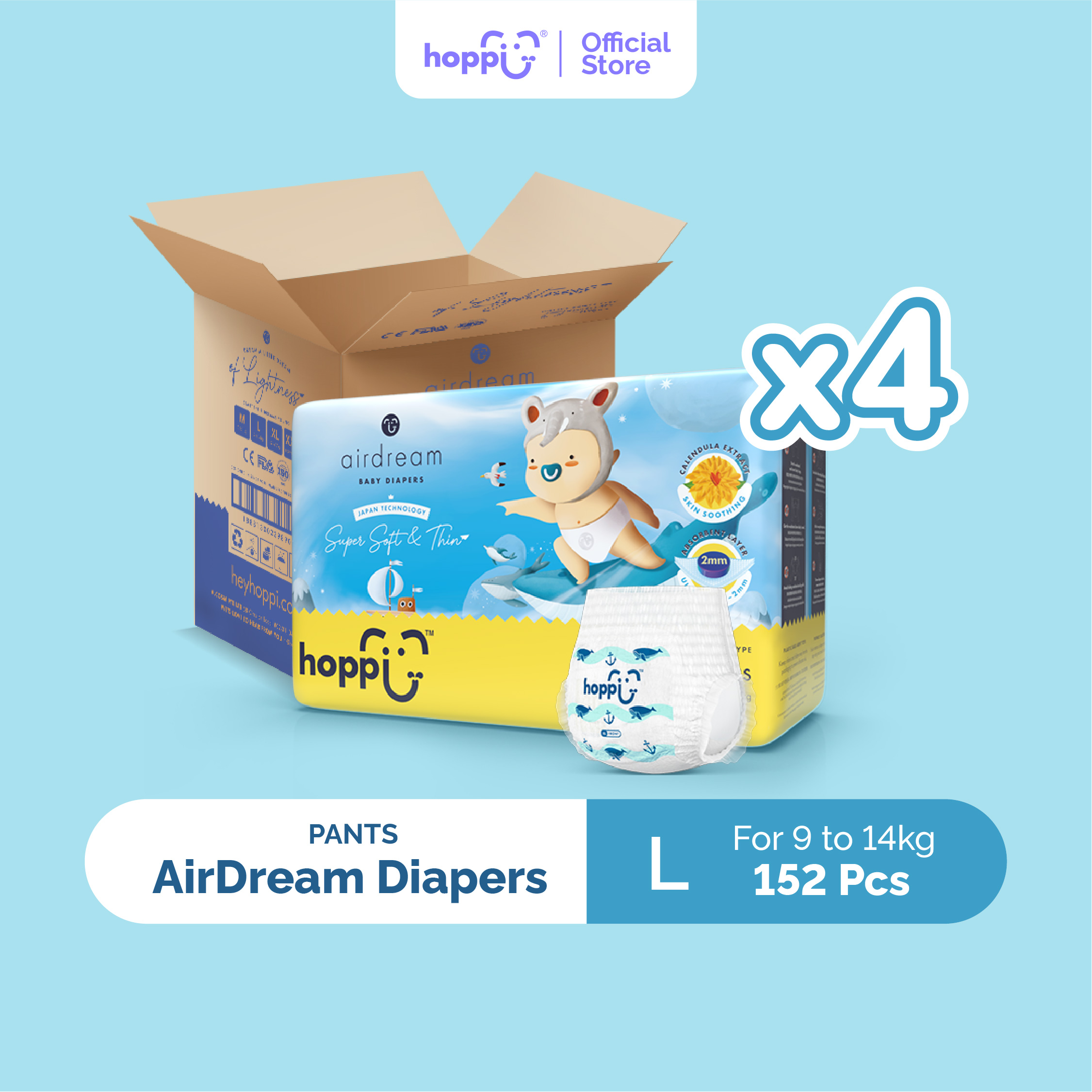 [CARTON] Hoppi AirDream Baby Diaper Pants M44/L38/XL32/XXL28 (4 Packs) 2mm Ultracore Technology
