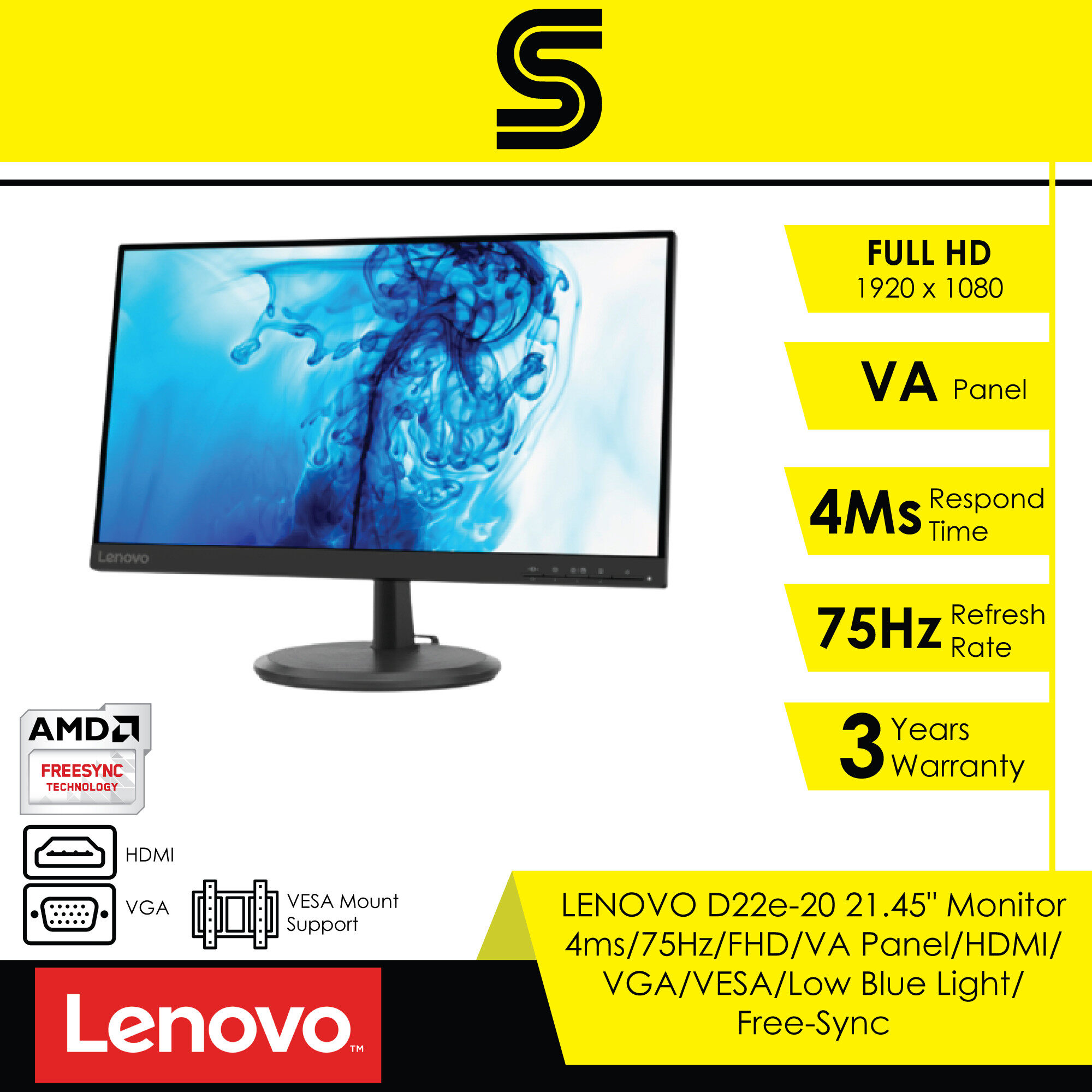 LENOVO D22e-20 21.45" Monitor - 4ms / 75Hz / FHD / VA Panel / HDMI / VGA / VESA / Low Blue Light / Free-Sync
