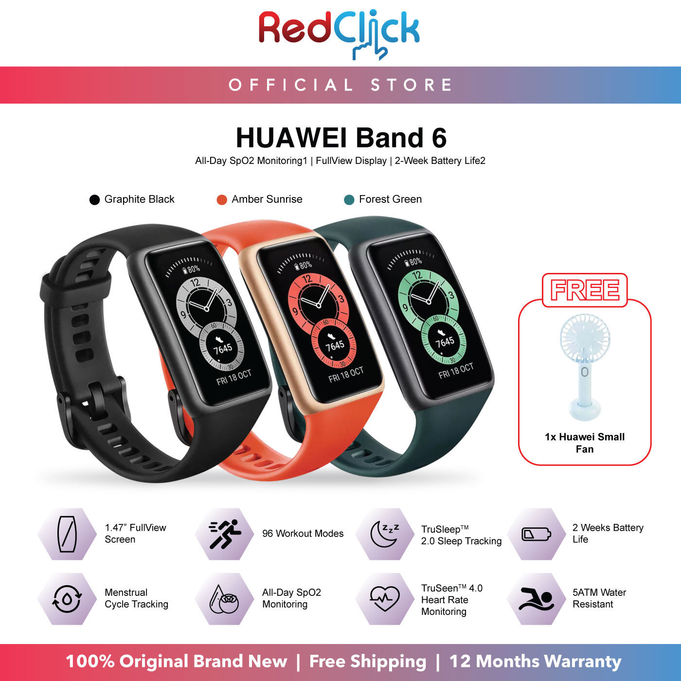 Huawei Band 6 1.47" AMOLED Full View Display All Day SpO2 Monitoring 14 Days Long Battery Life Original Huawei Product + Free Gift