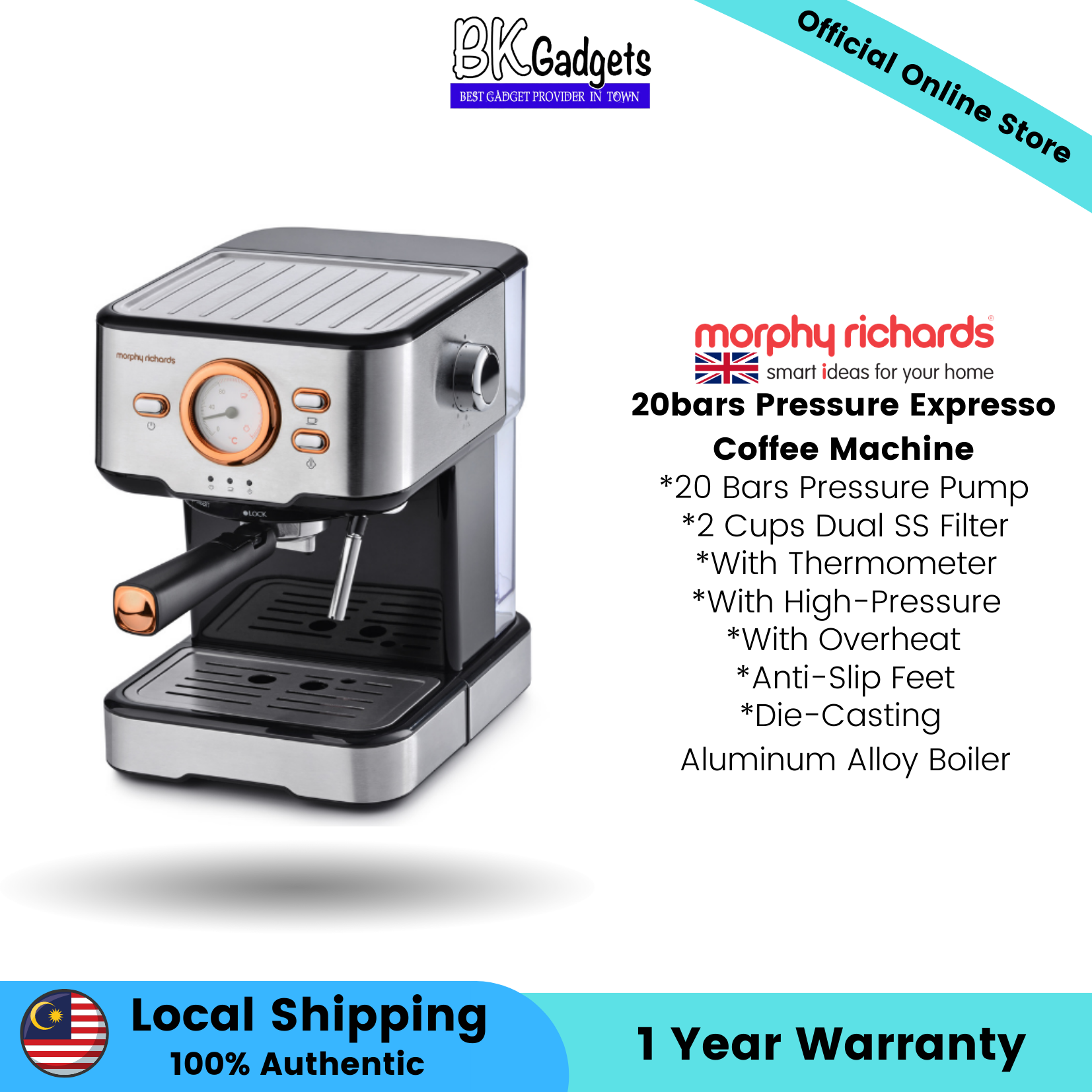 Morphy Richards 20bars Pressure Expresso Coffee Machine - 20bars Pressure Pump | 2 Cups Dual SS Filter | With Thermometer