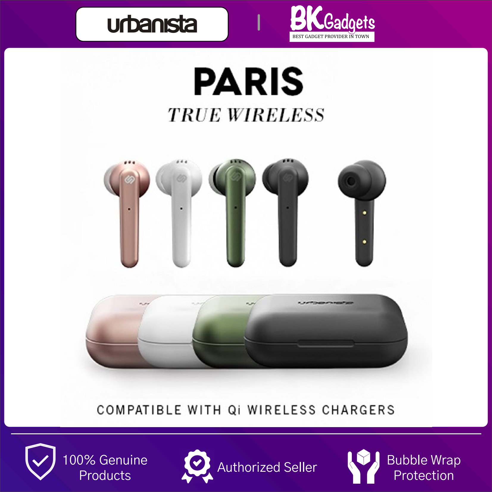 URBANISTA Paris - True Wireless In-Ear Headphones | 20H Playtime Wireless Charging Case | Bluetooth 5.0 | Noise Cancelling Earphones with Touch Controls + Built-in Mic | Compatible with Android and iOS