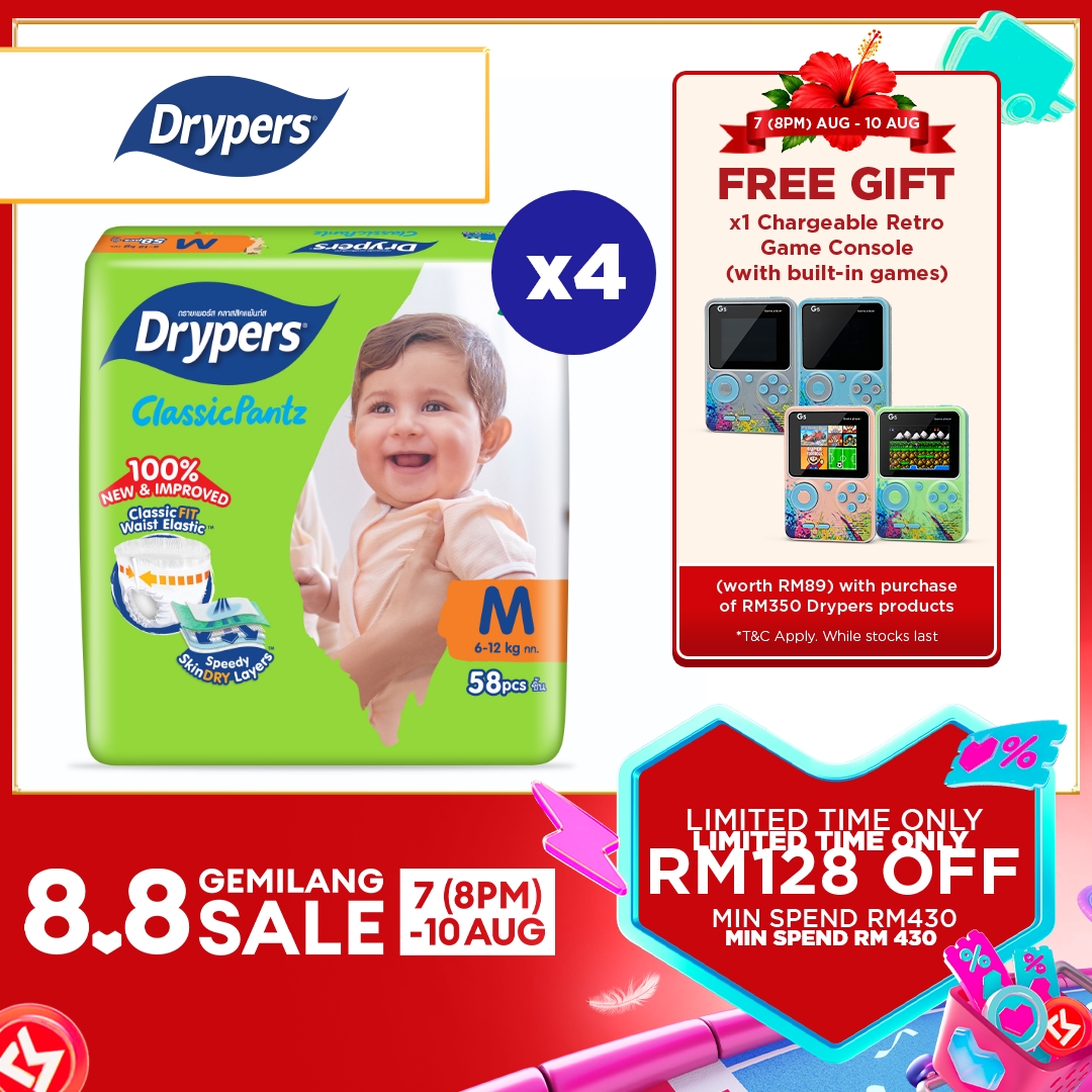Drypers ClassicPantz Baby Pants Diapers M58/ L48/ XL44/ XXL36 (4 Packs) - Speedy SkinDry Layers