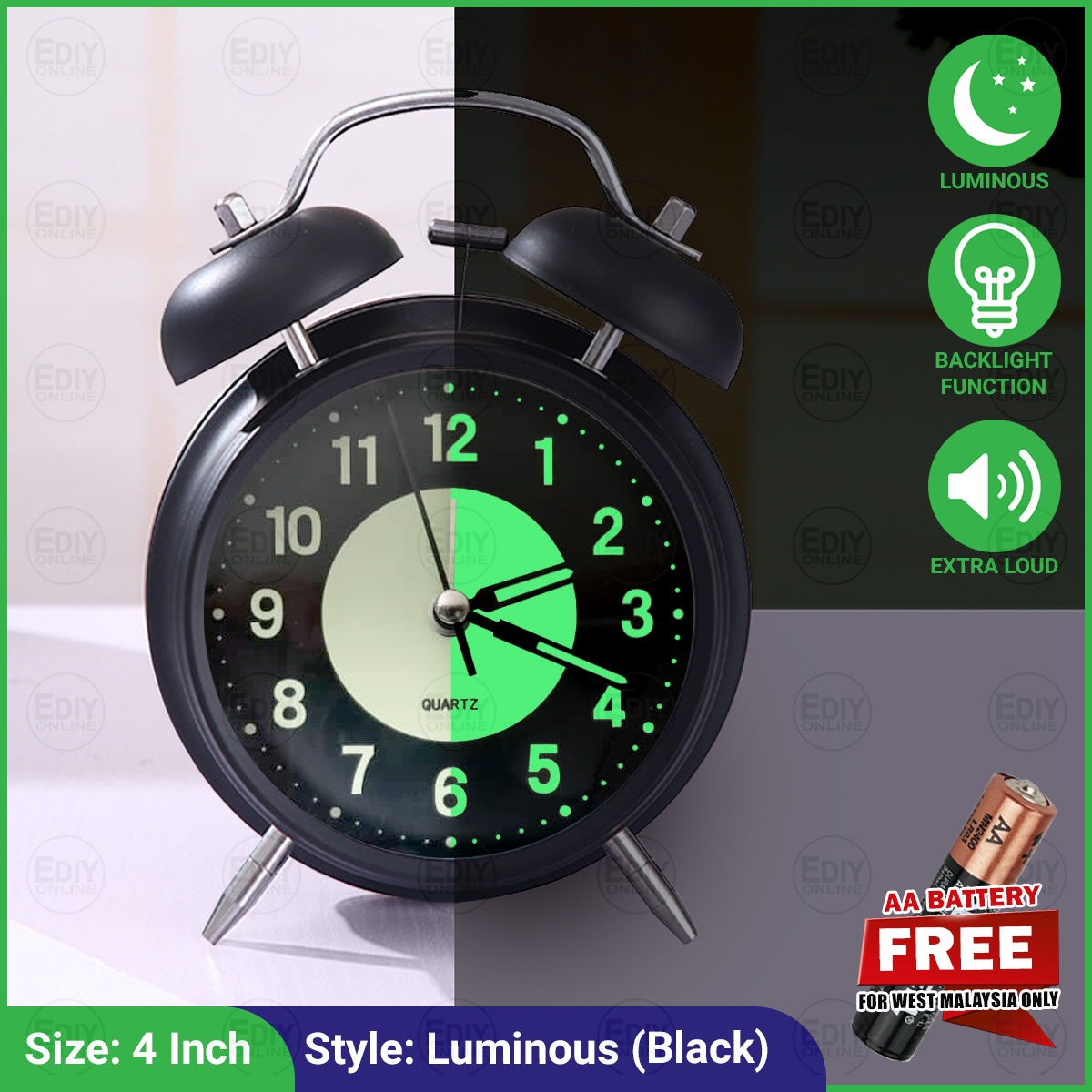 【FREE BATTERY AA X1 】 Classic Retro Quartz 4 Inch Metal Alarm Clock Loud Sound Twin Bell Analogue Desk Table Clocks Home Office Night Light Jam Tangan Tidur Loceng Klasik Digital Old Style Vintage 鬧鐘 Ediyonline Ediy