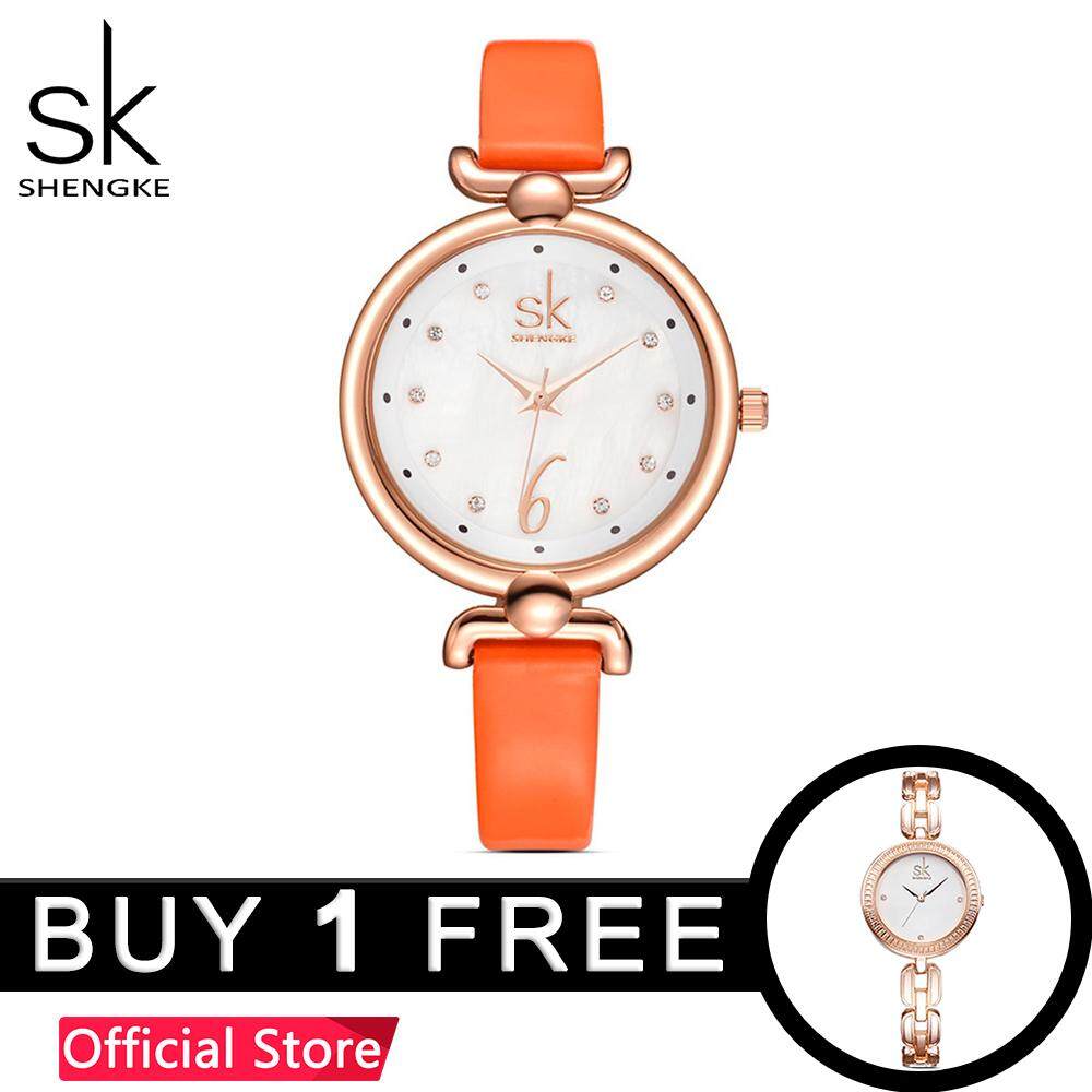 ShengKe Fashion Watch for Women Casual Business Quartz Waterproof Watches Leather Strap Jam Tangan Wanita Stainless Steel Rose Gold Dial Cute Wrist Watch Light Weight High Quality