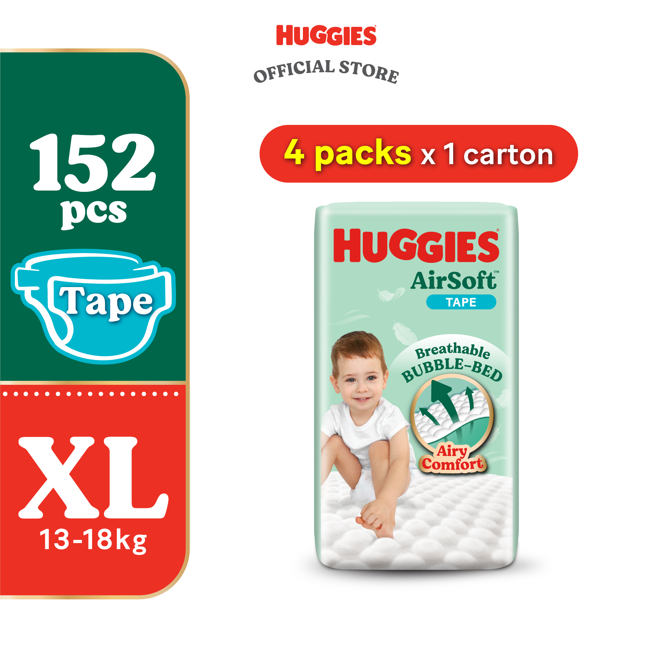 HUGGIES AirSoft Tape Diapers M52/L44/XL38 (4 packs) - Breathable and soft diapers for baby