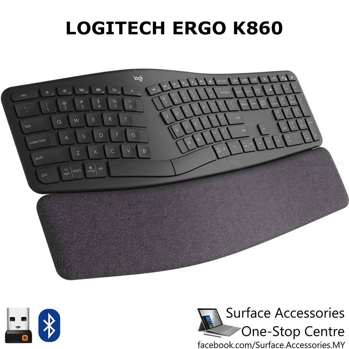 Logitech ERGO K860 Wireless Ergonomic Keyboard Split Keyboard Wrist Rest Natural Typing Stain-Resistant Fabric Compatible with Windows Bluetooth USB-C Apple macOS Linux Windows Logitech Flow