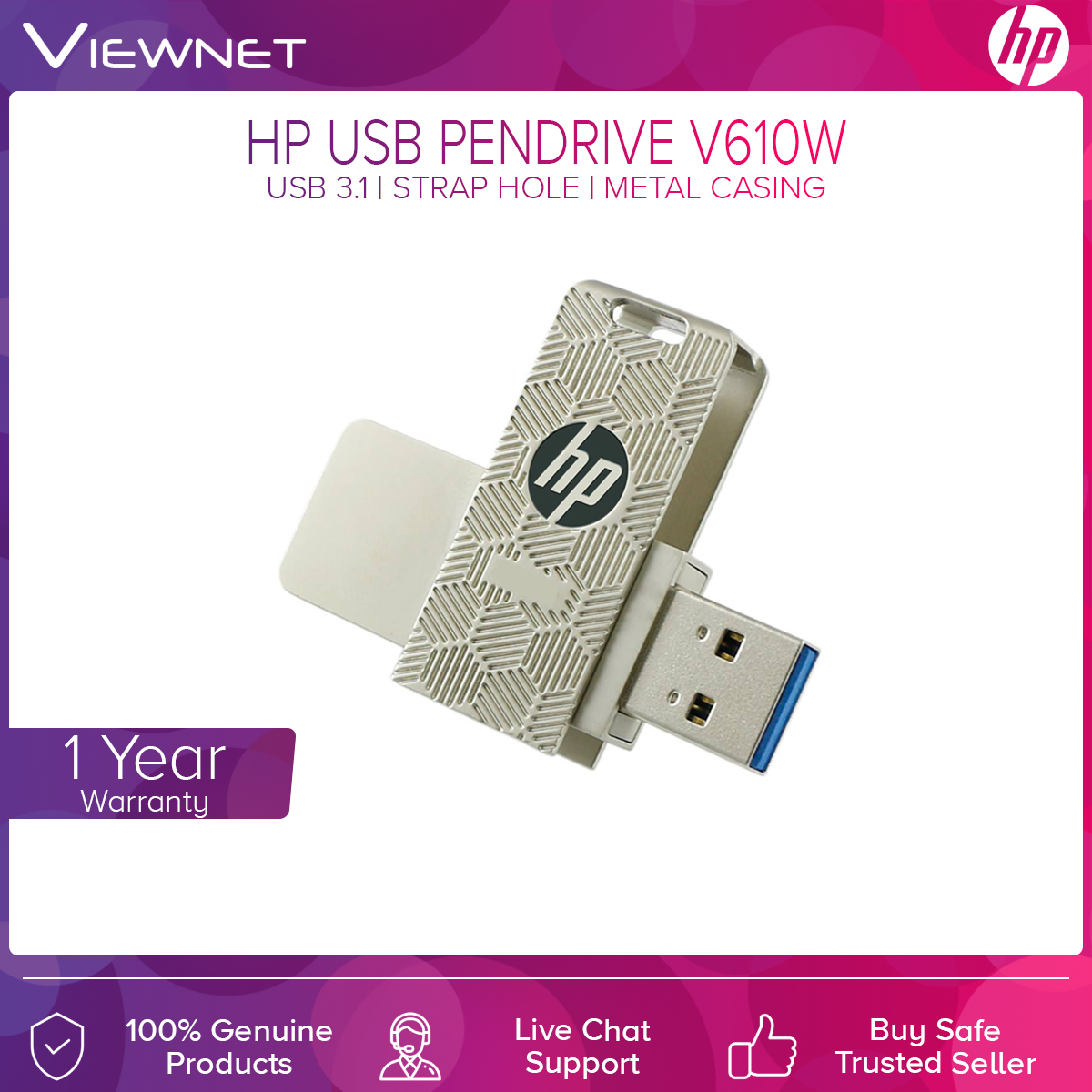 HP USB Pendrive X610W with USB 3.1 Connection, Metal Casing, Rotate To Open, Strap Hole
