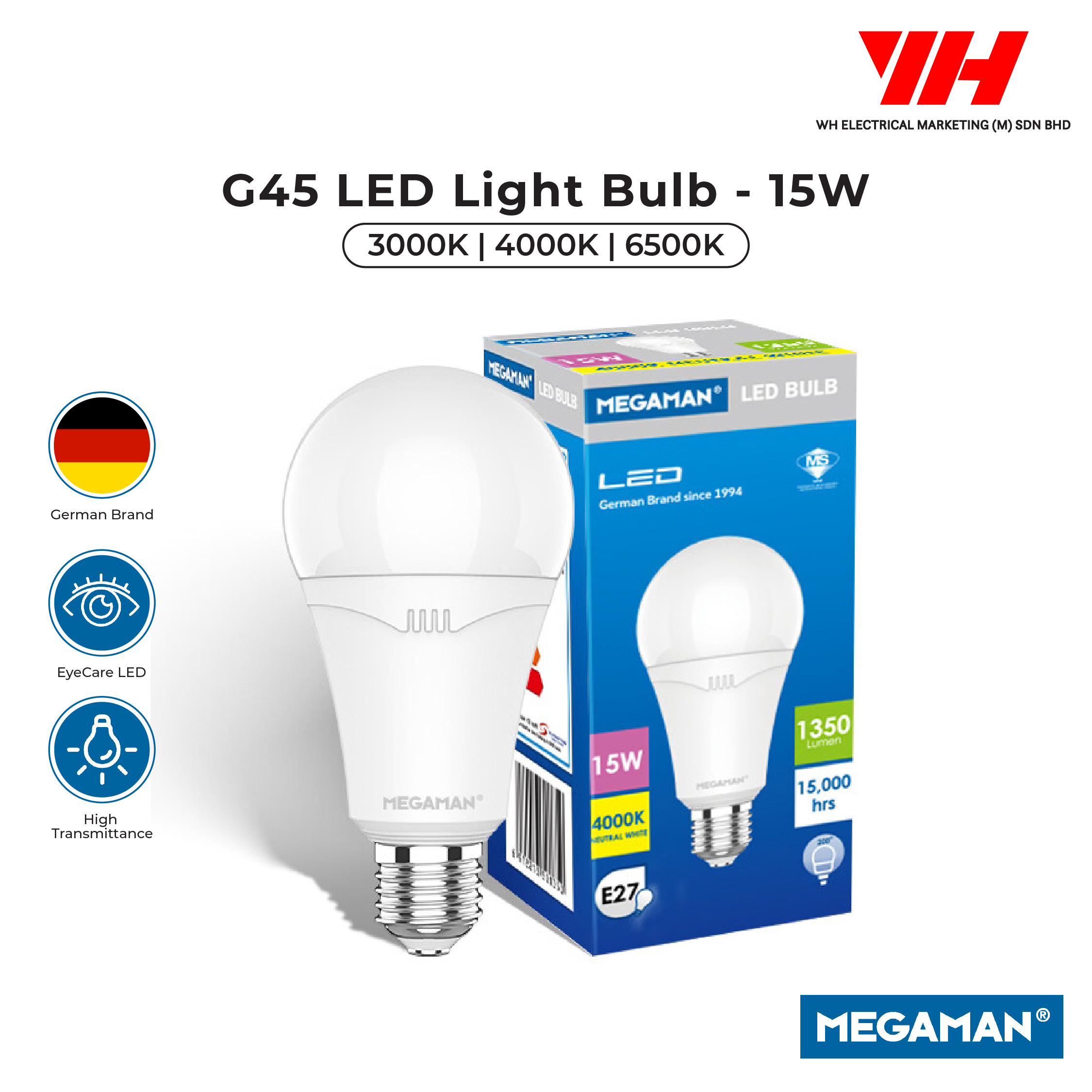 Megaman LED Bulb Light G45 3W/5W/10W/12W/15W E27 3000K/4000K/6500K Eye Care Classic Energy Saving Light Bulb(SIRIM)