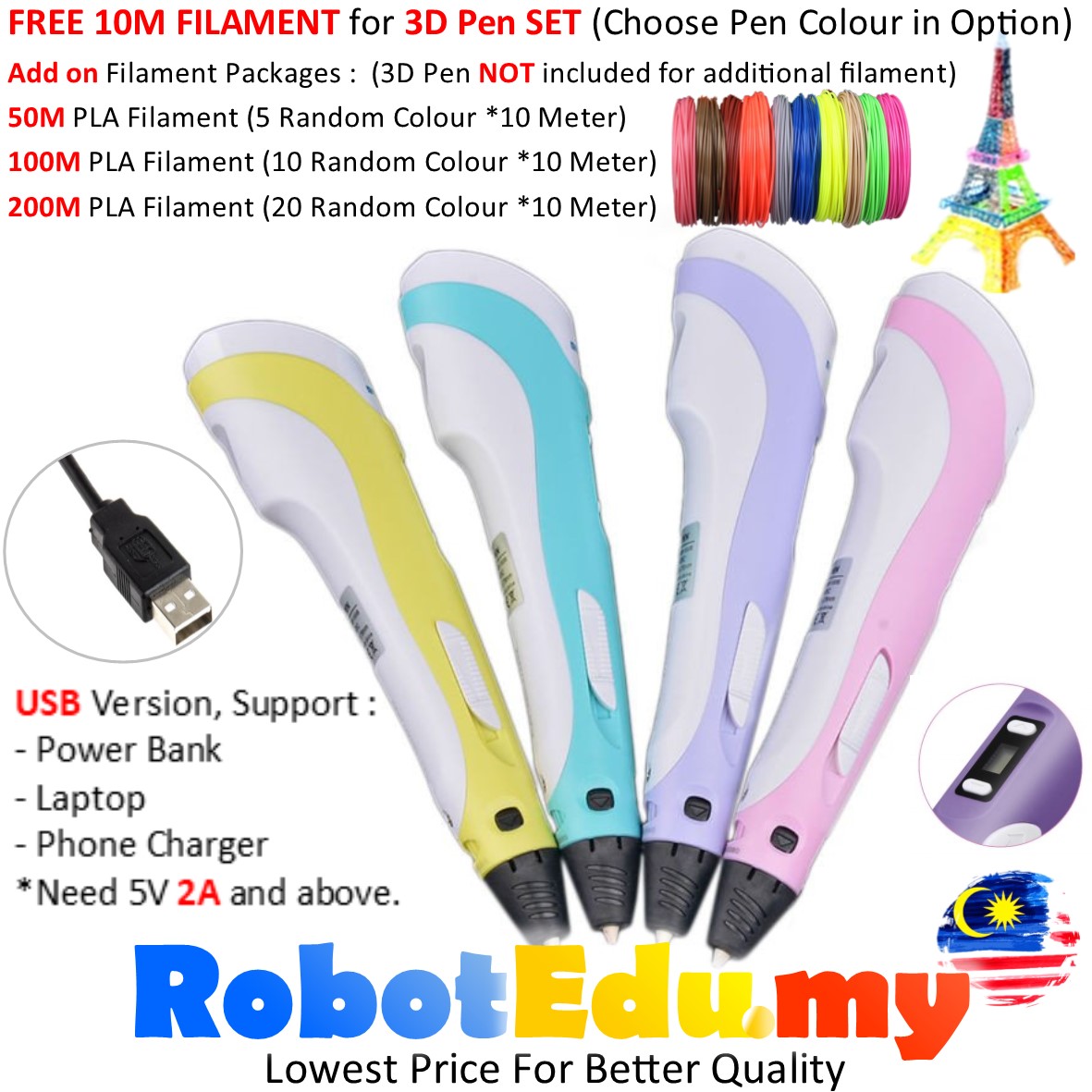 FREE 10M PLA Filament USB 3D Pen Full Set LCD V2 3D Printing Doodle Arts Craft Drawing SMK RBT School Project Class Starter Kit Robotics STEM Toys