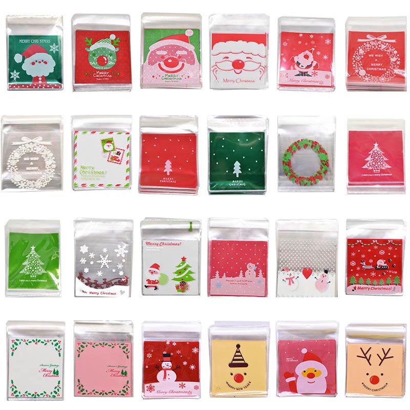 【packing shop】50Pcs 10x10cm Santa Claus Tree Self-adhesive Christmas Gift Bags Cartoon Plastic Candy Bag Christmas Cookie Packaging Xmas Decor