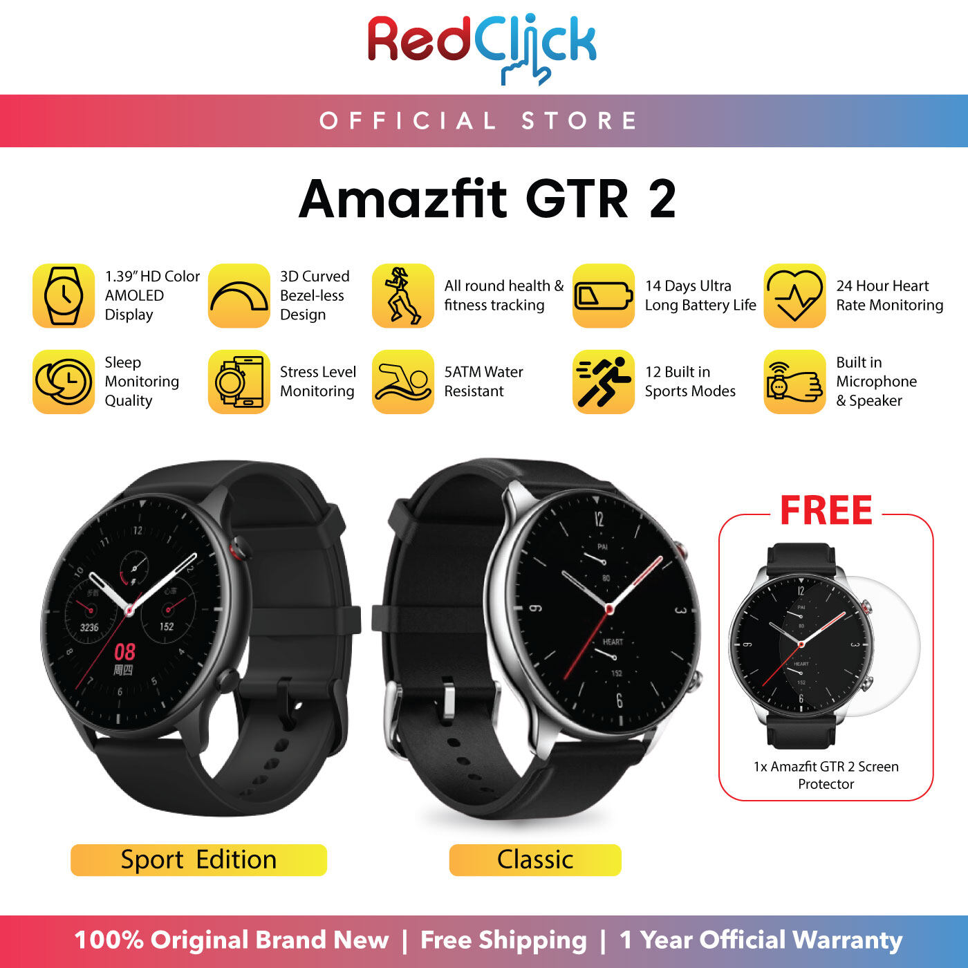 Amazfit GTR 3 / GTR 2 1.39" AMOLED Display 3D Curved Bezel-less Design Music Storage 14-Day Ultra-Long Battery Life Built-in Mic And Speaker Support Phone Call + Free Gift