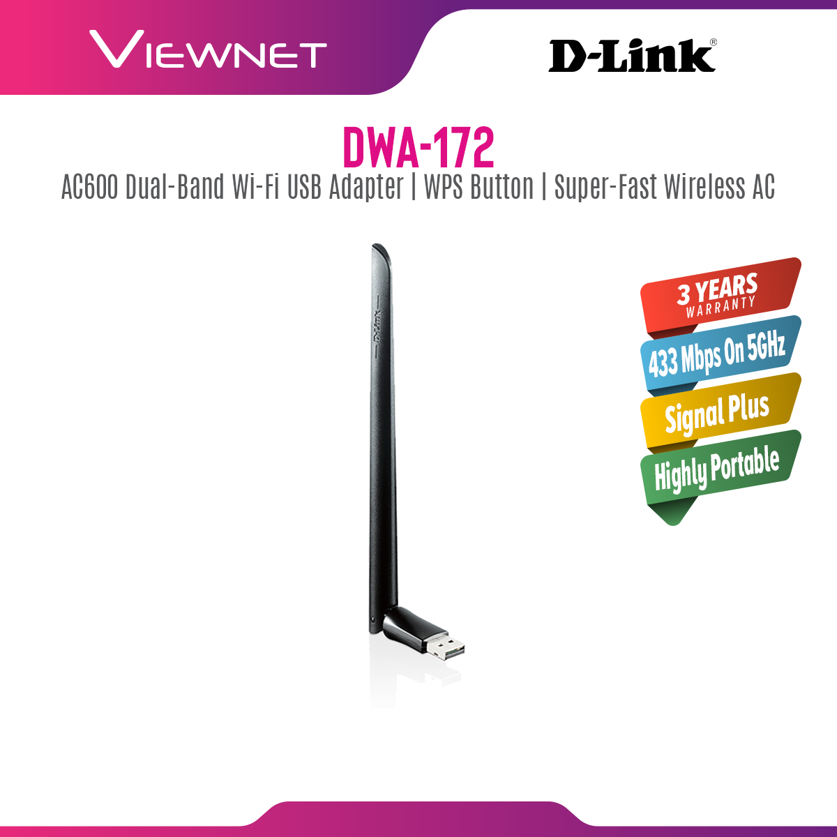 D-Link Wireless USB Adapter DWA-172 Wireless AC 600Mbps Dual-Band High, USB 2.0 Connector, High power 3dBi external antenna