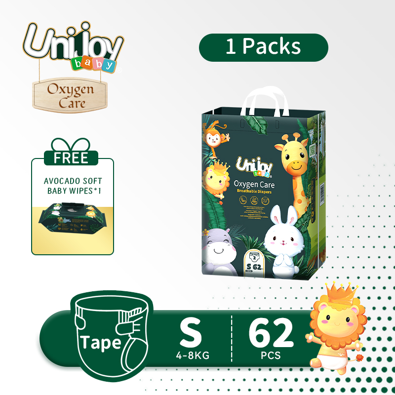 Unijoy Oxygen Care Tape Diapers Upgrade Large Bag Newborn Diaper (Size：S) FREEx1 Baby Wipes (80Pcs/1Bag)- Superior Absorbency Ultra Soft