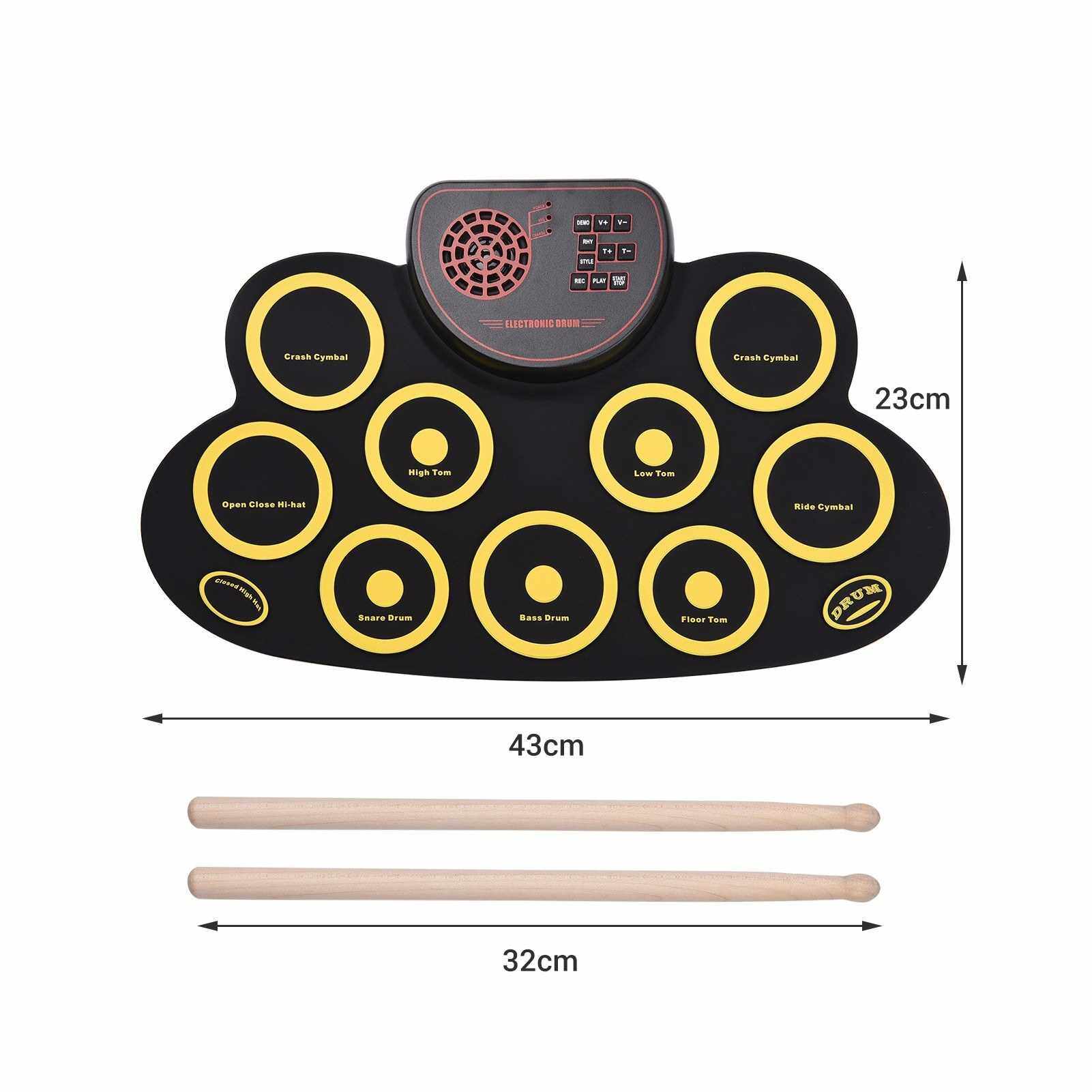Portable Folding Electronic Drum Pad Silicon Digital Drum 9 Demo Songs 10 Rhythms Record 3.5mm Microphone Input Headphone Monitoring External Speaker Output with Foot Pedals Drum Sticks (Standard)