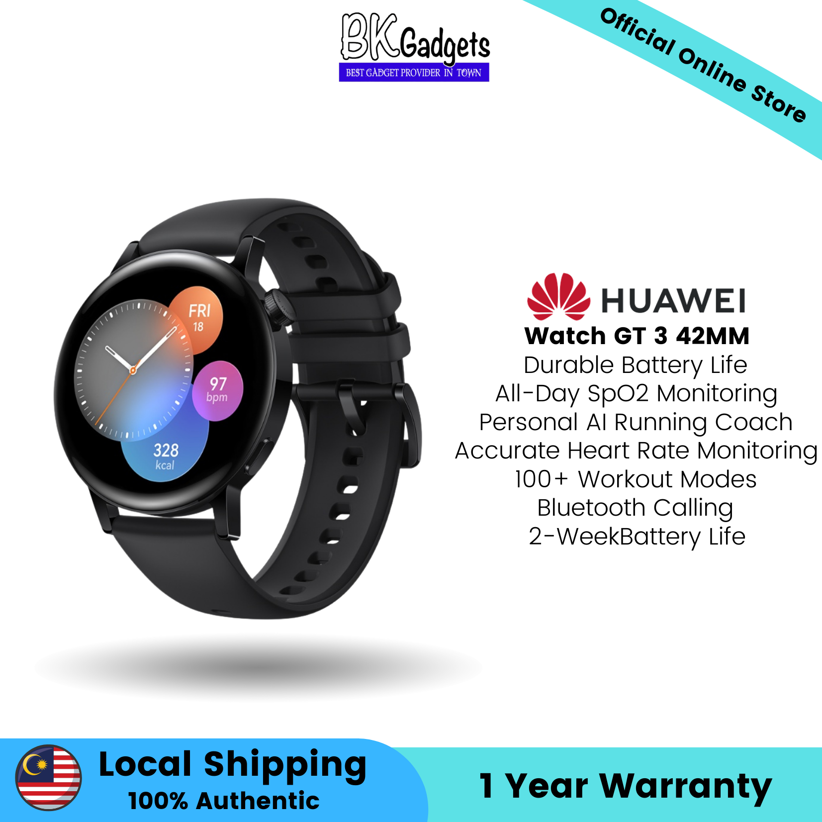 Huawei Watch GT 3 42MM Black - All day SpO2 Monitoring | 100+ Workout Modes | Bluetooth Calling