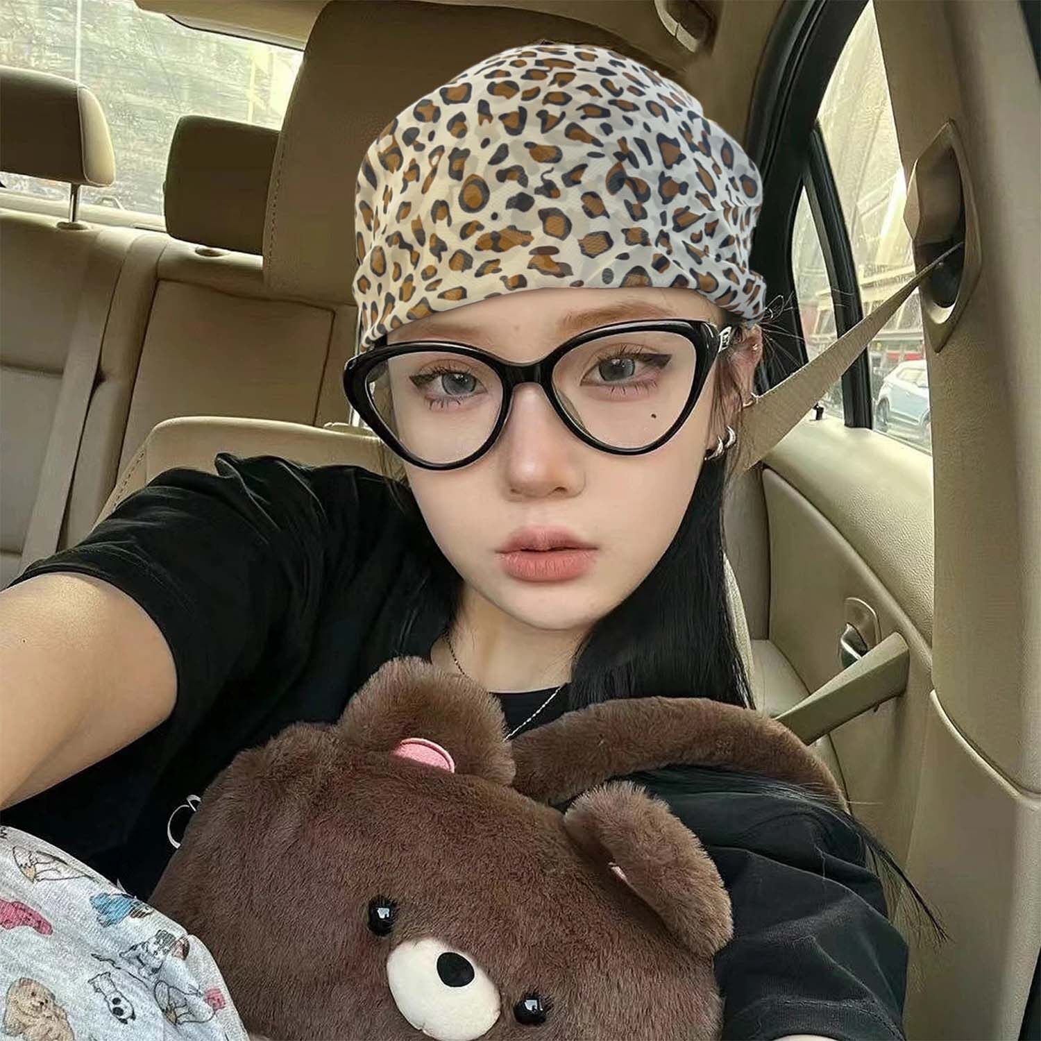 Retro Spice Girls Leopard Print Headscarf Dual Use Satin Thin Edge Scarves Leopard Print Turban Hair Scarf Hair Accessories - 4