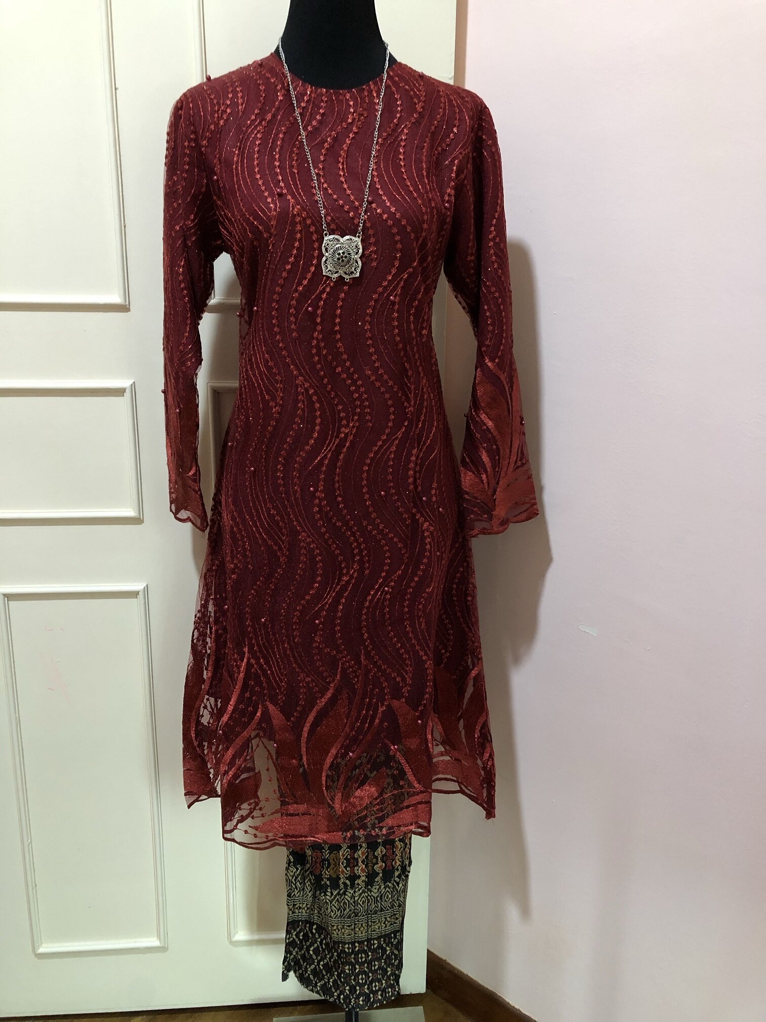 Price List CAIN21 Baju Kurung Raya 2020 Vintage Designer Pleated Batik Skirt Classic Exclusive Maroon Slim Elegant Graceful Stylish This Month