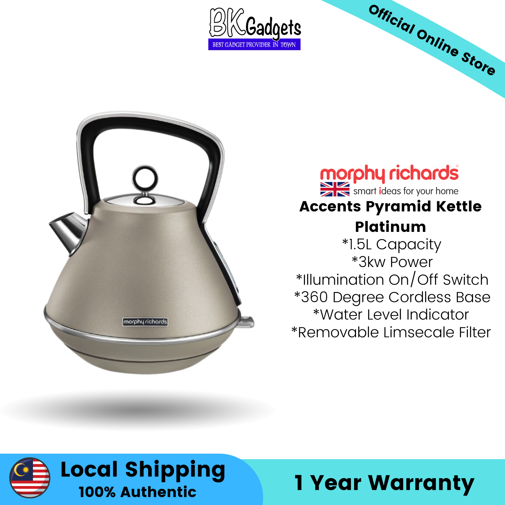 Morphy Richards Accents Pyramid Kettle Platinum - 1.5L Capacity | 3kw Power | 360 Degree Cordless Base