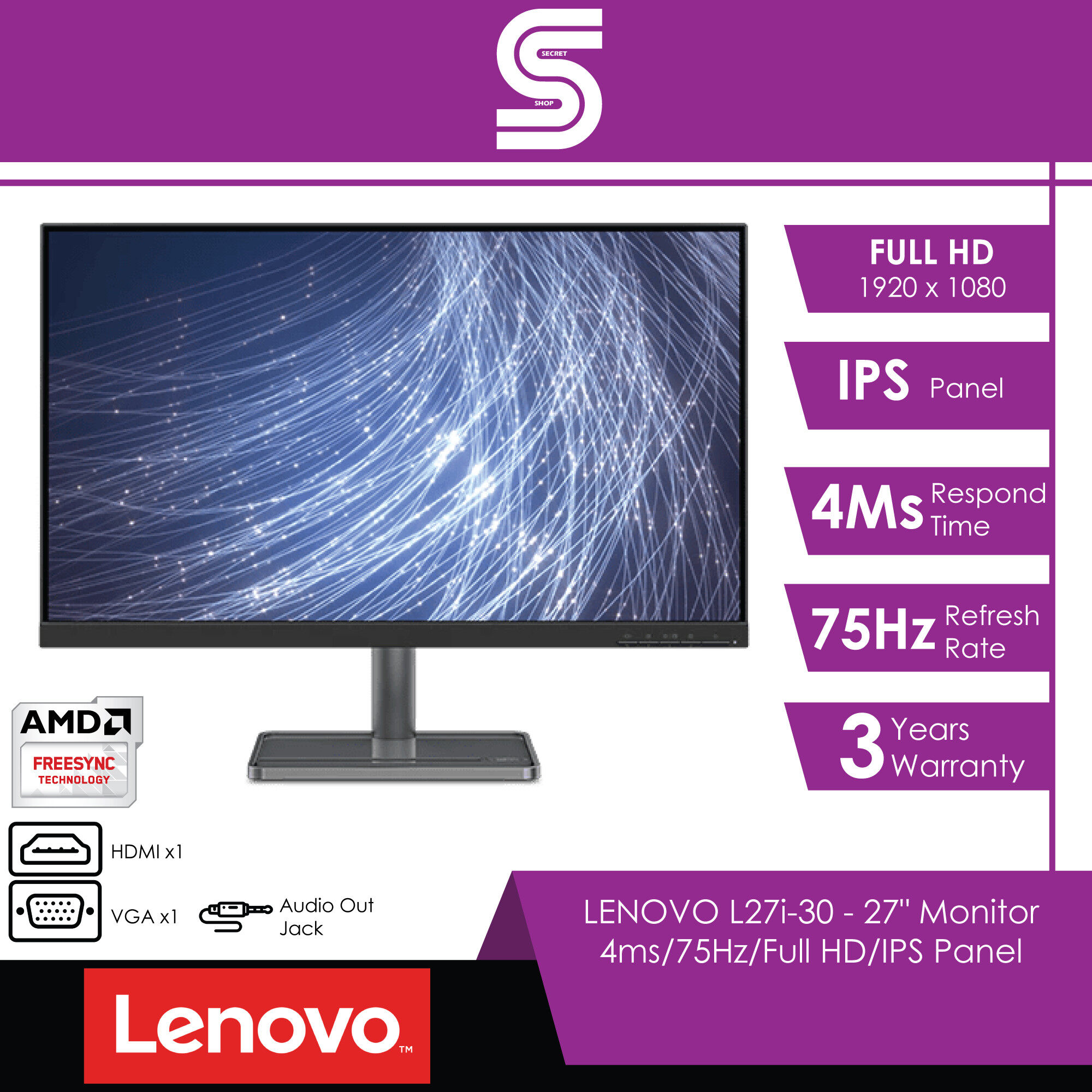 LENOVO L27i-30 Monitor - 27"/4ms/75Hz/Full HD/IPS Panel/HDMI/VGA/VESA/Free-Sync