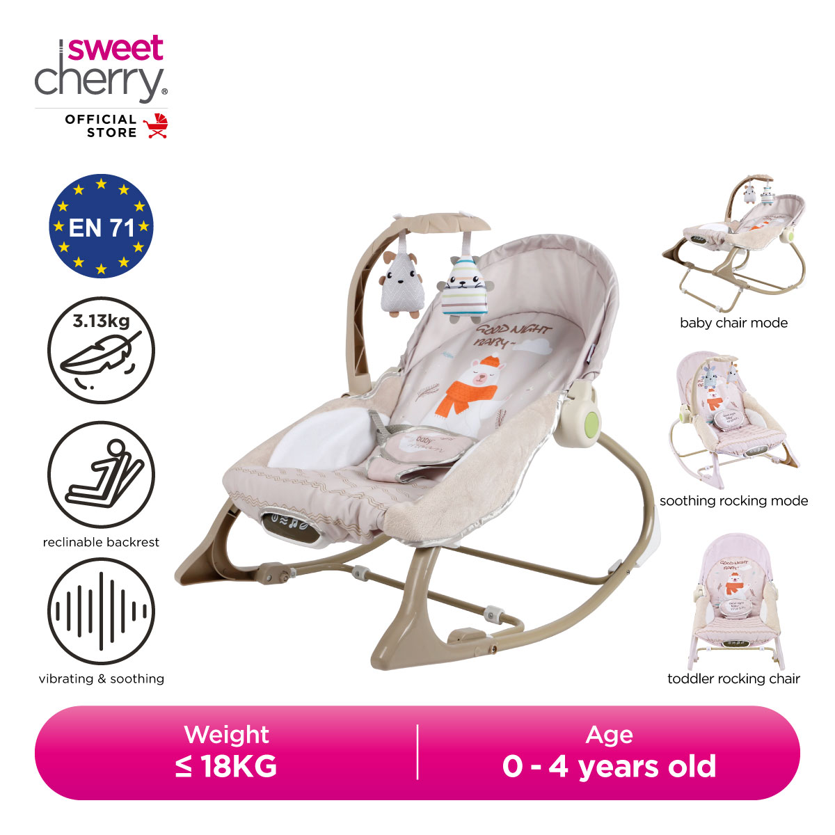 Sweet Cherry Music & Vibration Smart Bouncer Rocker SC27225 Nadia Bouncer