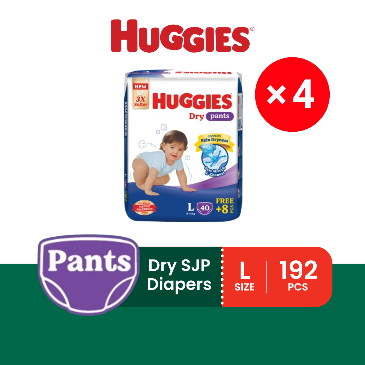 [Carton] HUGGIES Dry Super Jumbo Pack Diapers - Pants × 4 (S64s / M58s / L48s / XL40s / XXL34s)