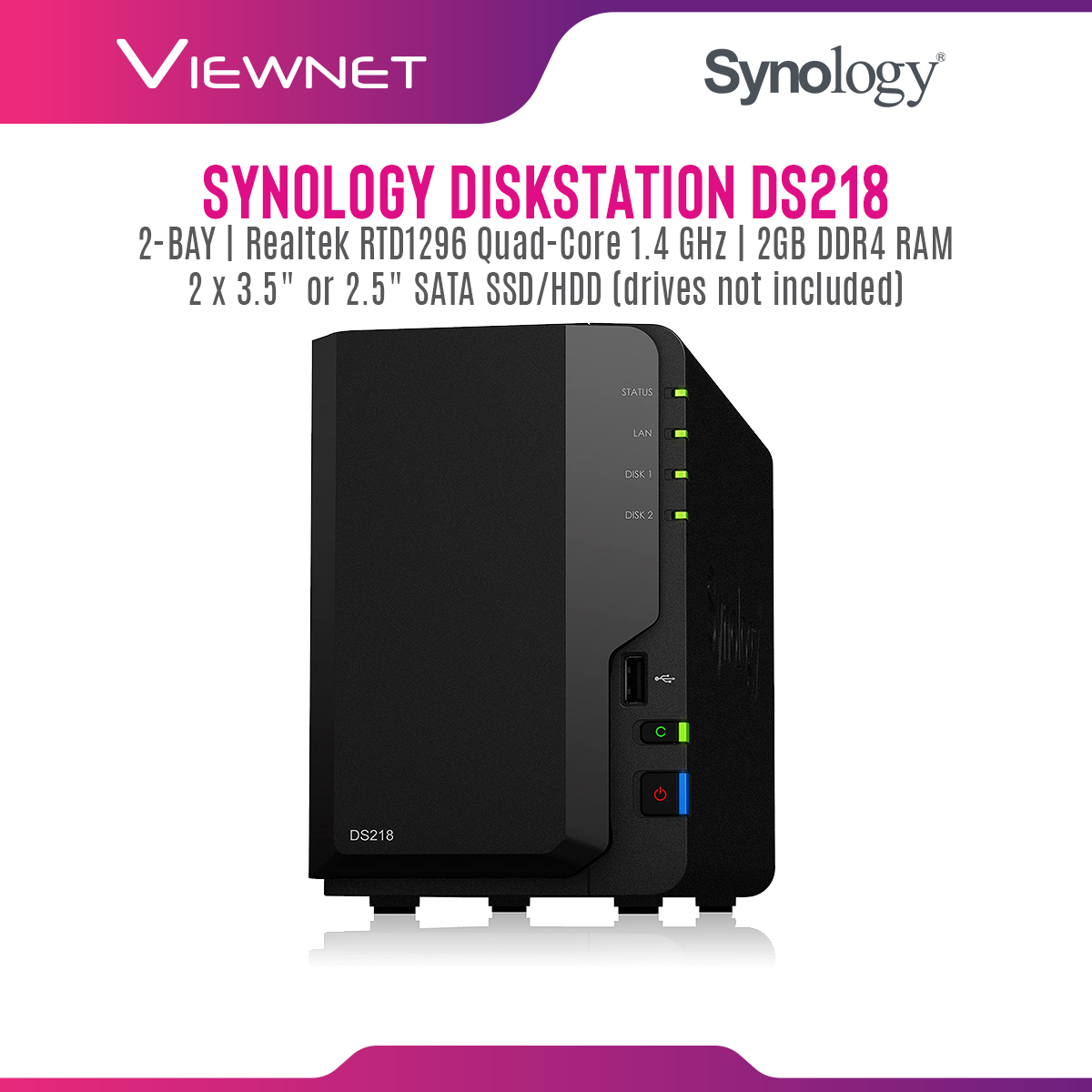 Synology Enclosure 2-BAYS/REALTEK RTD1296/QC 1.4GHz/2GB (DS218) NAS