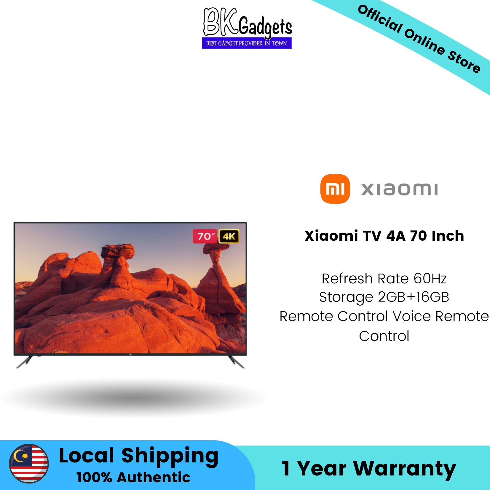 Xiaomi TV 4A 70 Inch | Refresh Rate 60Hz | Storage 2GB+16GB | Remote Control Voice Remote Control