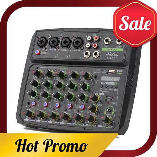 Muslady 6-Channel Audio Mixer Mixing Console LED Screen Built-in Soundcard USB BT Connection with 2-band EQ Gain Delay Repeat Control Record Live Broadcast Function with +48V Phantom Power for Karaoke Live Broadcast (Eu)