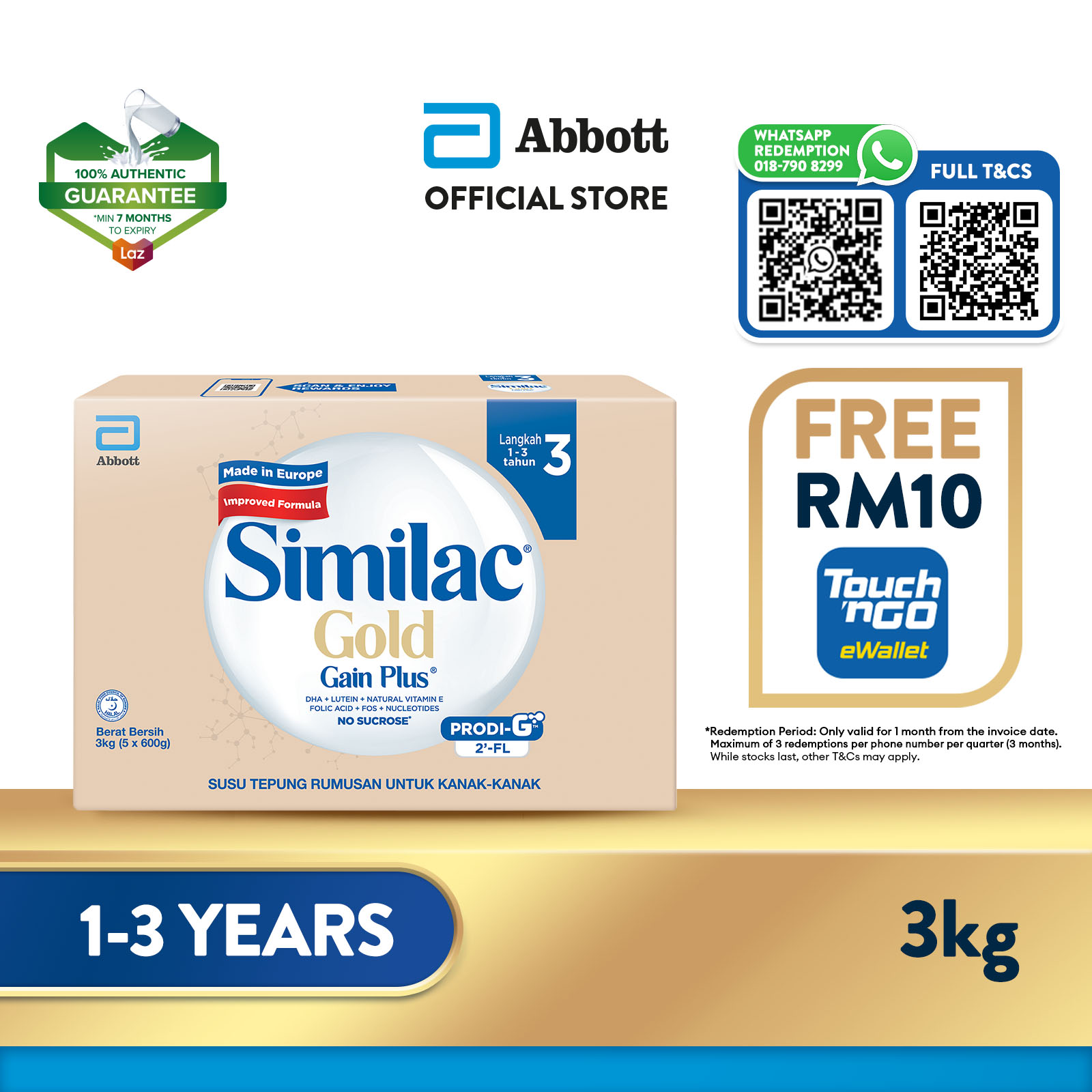 [Whatsapp Redemption] Similac Gold Gain Plus Step 3 Milk Formula 3kg FREE RM10 TNG E-Wallet (Growing Up Milk for Faster Learning)