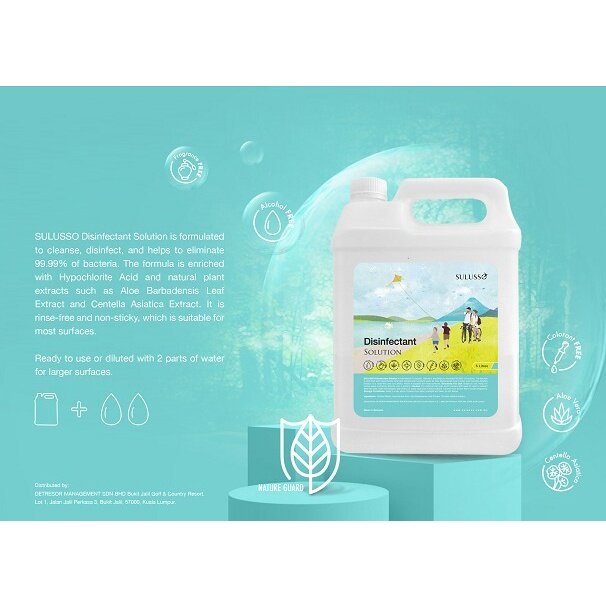 (Free Pump) 5L SULUSSO Disinfectant Solution (Kill 99.99% Bacteria, Chemical Free, Worthy diluted 1:2) Hand Sanitizer (C