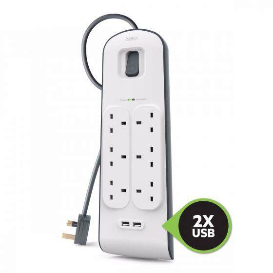 EXTENSION SOCKET BELKIN SURGE PROTECTOR 6-PLUGS WITH 2-USB 2.1A 2M (BSV604SA2M)