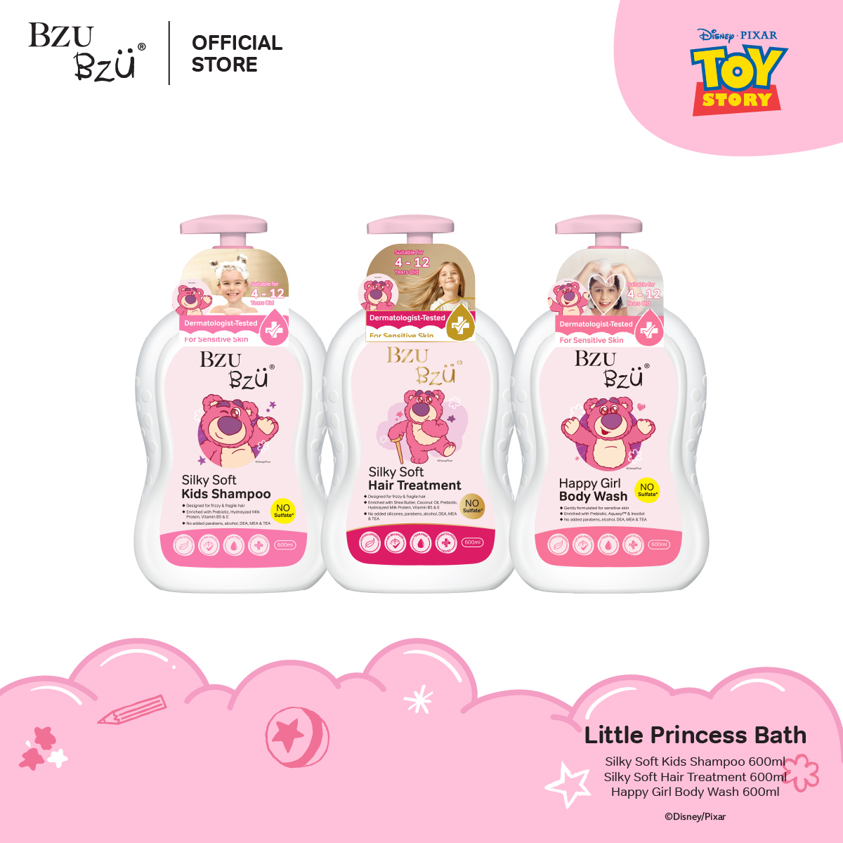 BZU BZU Little Princess Bath Bundle (Toy Story Silky Soft Shampoo + Hair Treatment & Happy Girls Body Wash)