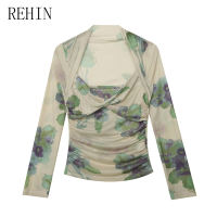 REHIN French-Inspired Spring Mesh Print Long Sleeve T-Shirt – Slimming Base Layer Womens Top