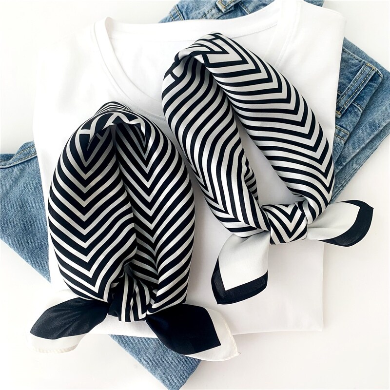 （Hot clothes）100 Natural Silk Scarf for Women Small Striped Neck Band Tie White Black Hair Scarves Lady Foulard Bandana Kerchief 2022