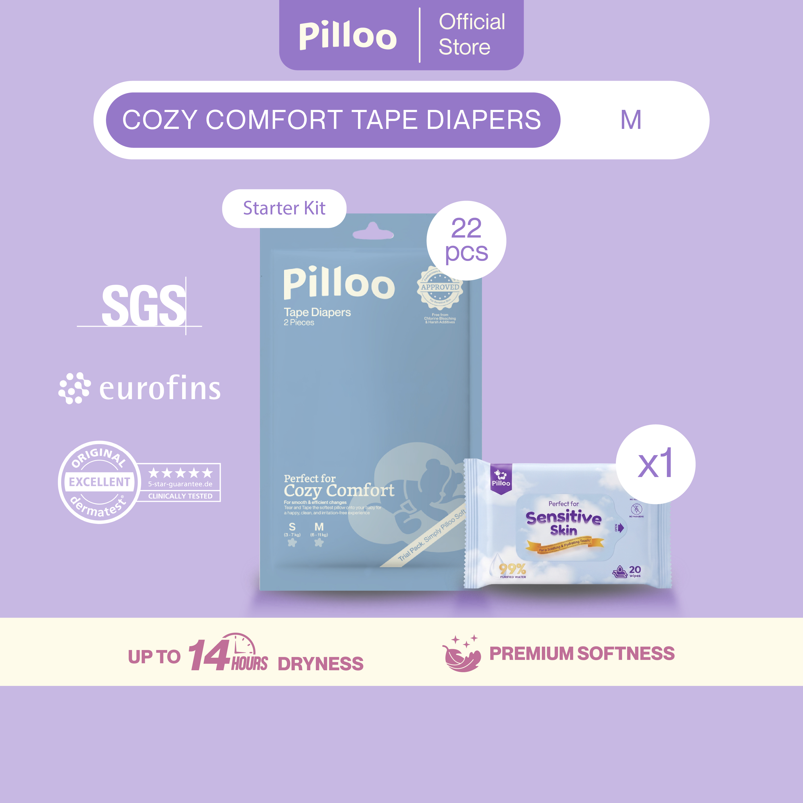 Starter Kit - Pilloo Cozy Comfort Baby Tape Diapers S/M 22 Pcs + 1 Mini Wipe 20pcs
