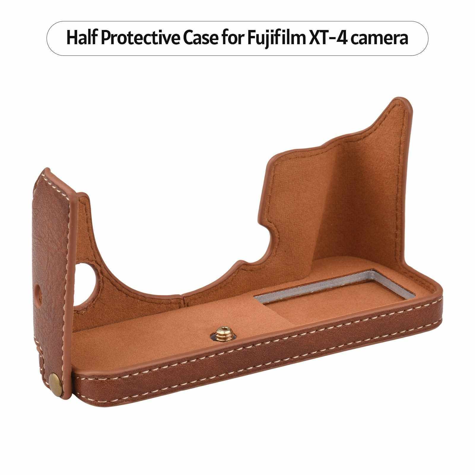PU Leather Camera Case Bottom Opening Version Camera Protective Half Bag with Tripod Mount Thread Strap Hole Replacement for Fujifilm XT4 XT-4 Camera (Brown)