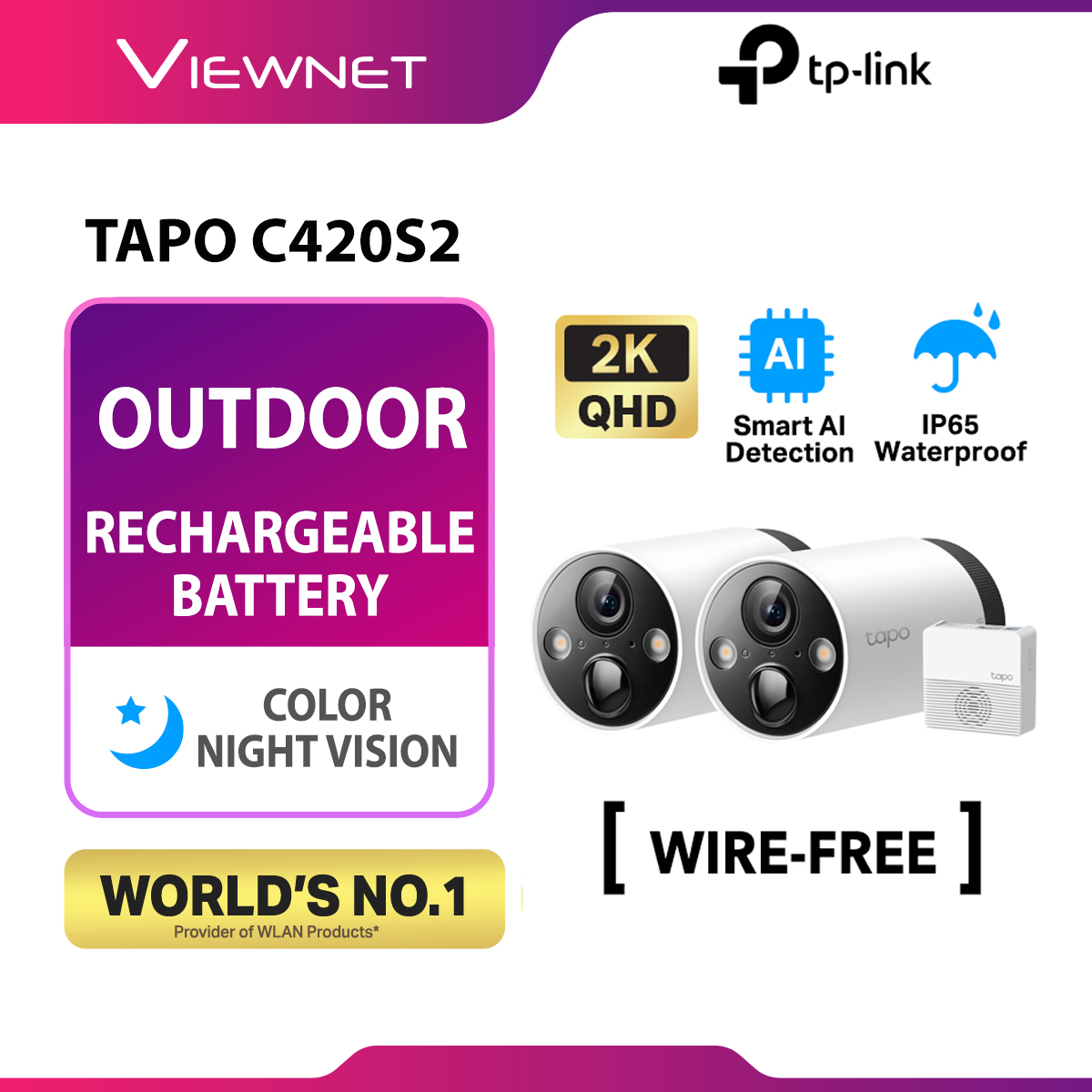 TP-LINK Tapo C420S2 Smart Wire-Free Security Camera System, 2-Camera System